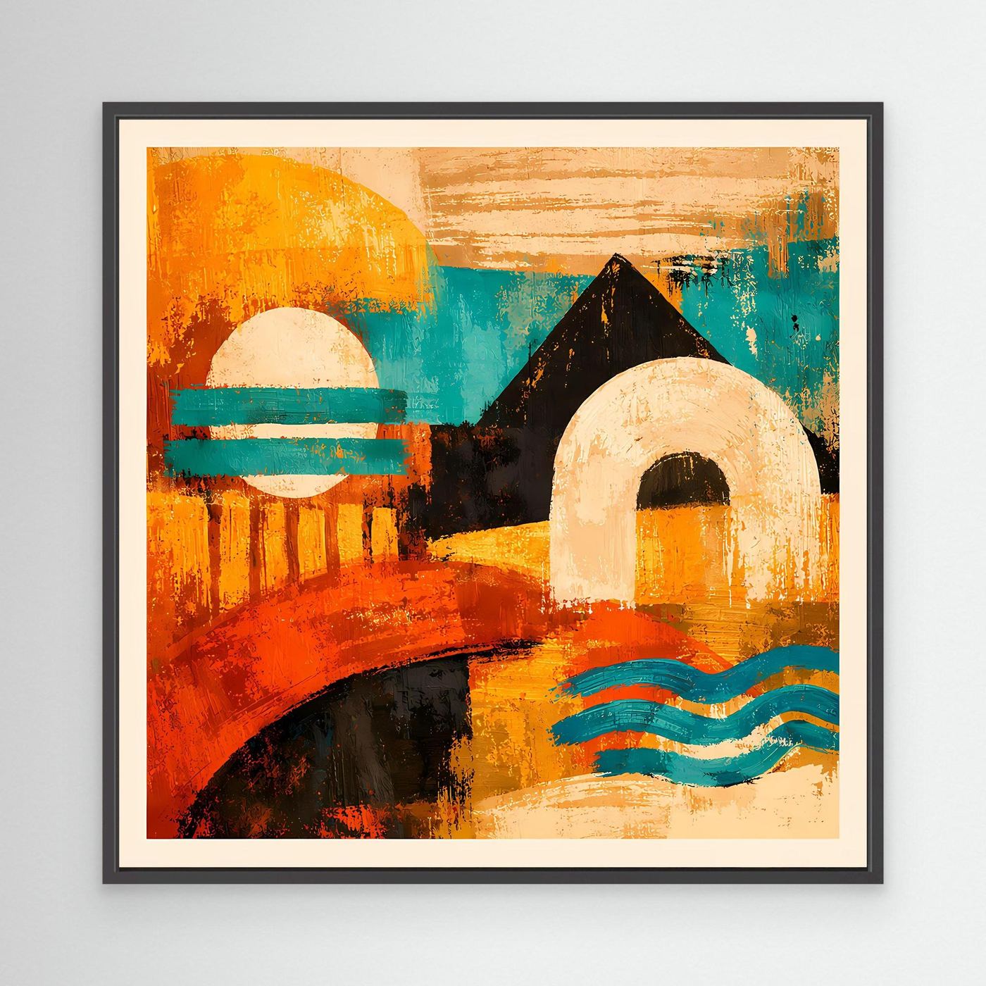 Abstraktes Leinwandbild mit buntem Gesicht, schwarzer Rahmen, orange, türkis und beige.