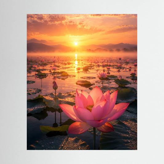 Hochformat-Poster mit rosa Lotusblüte bei Sonnenuntergang über spiegelndem Wasser