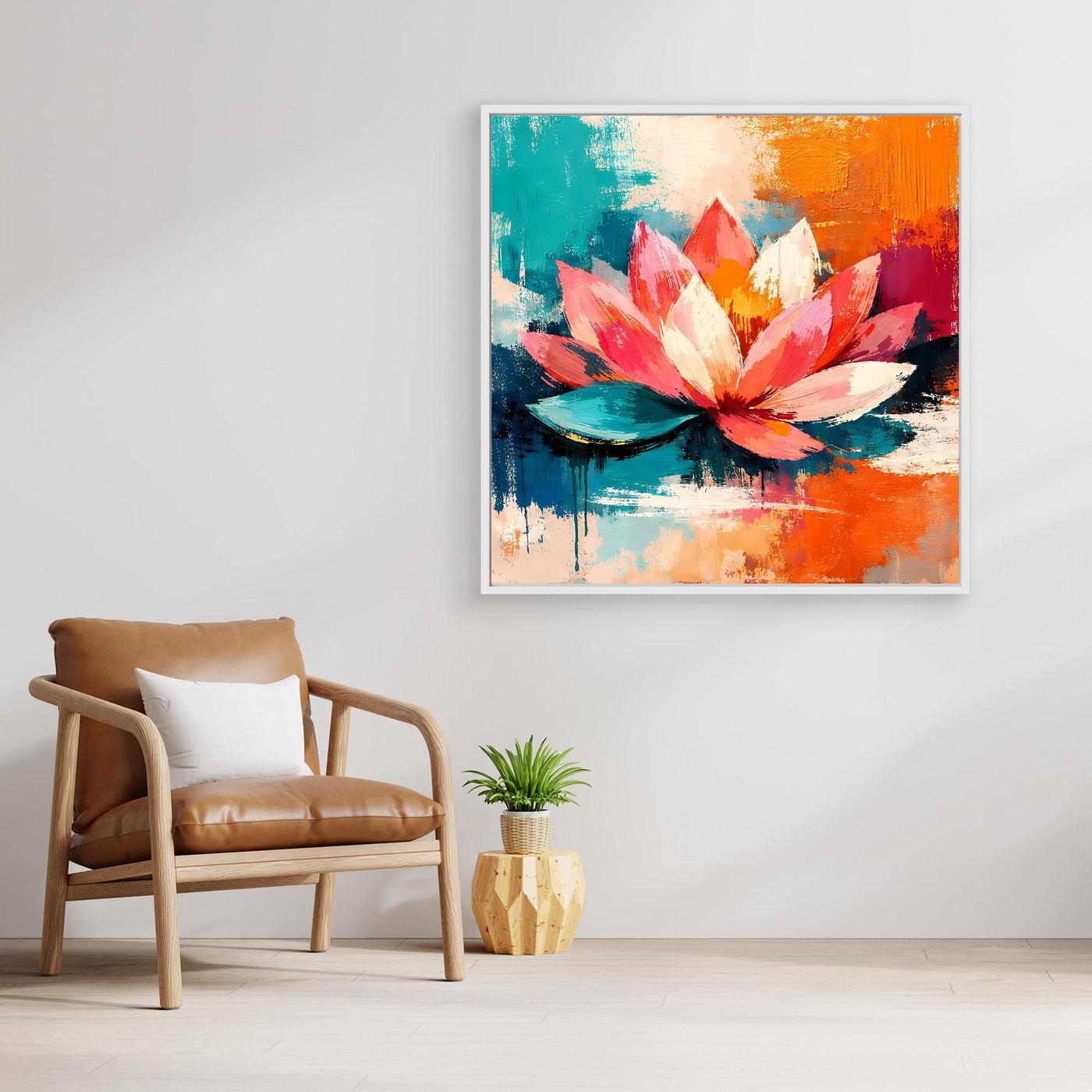 Abstract framed canvas wall art showing a colorful lotus flower on water.