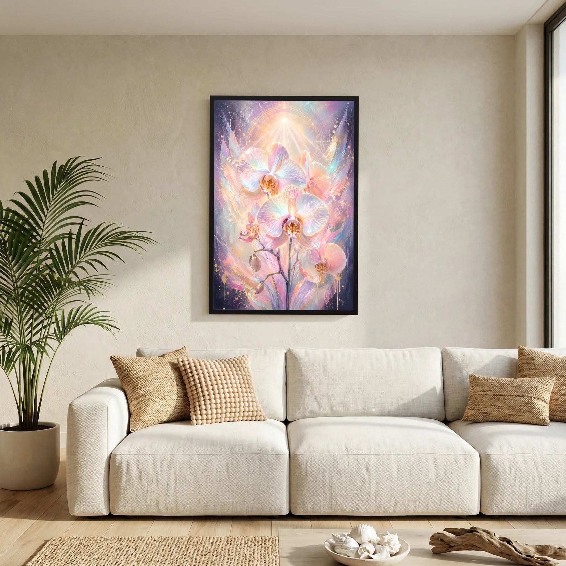Poster im Hochformat mit Pastell-Orchideen, schwarzer Rahmen