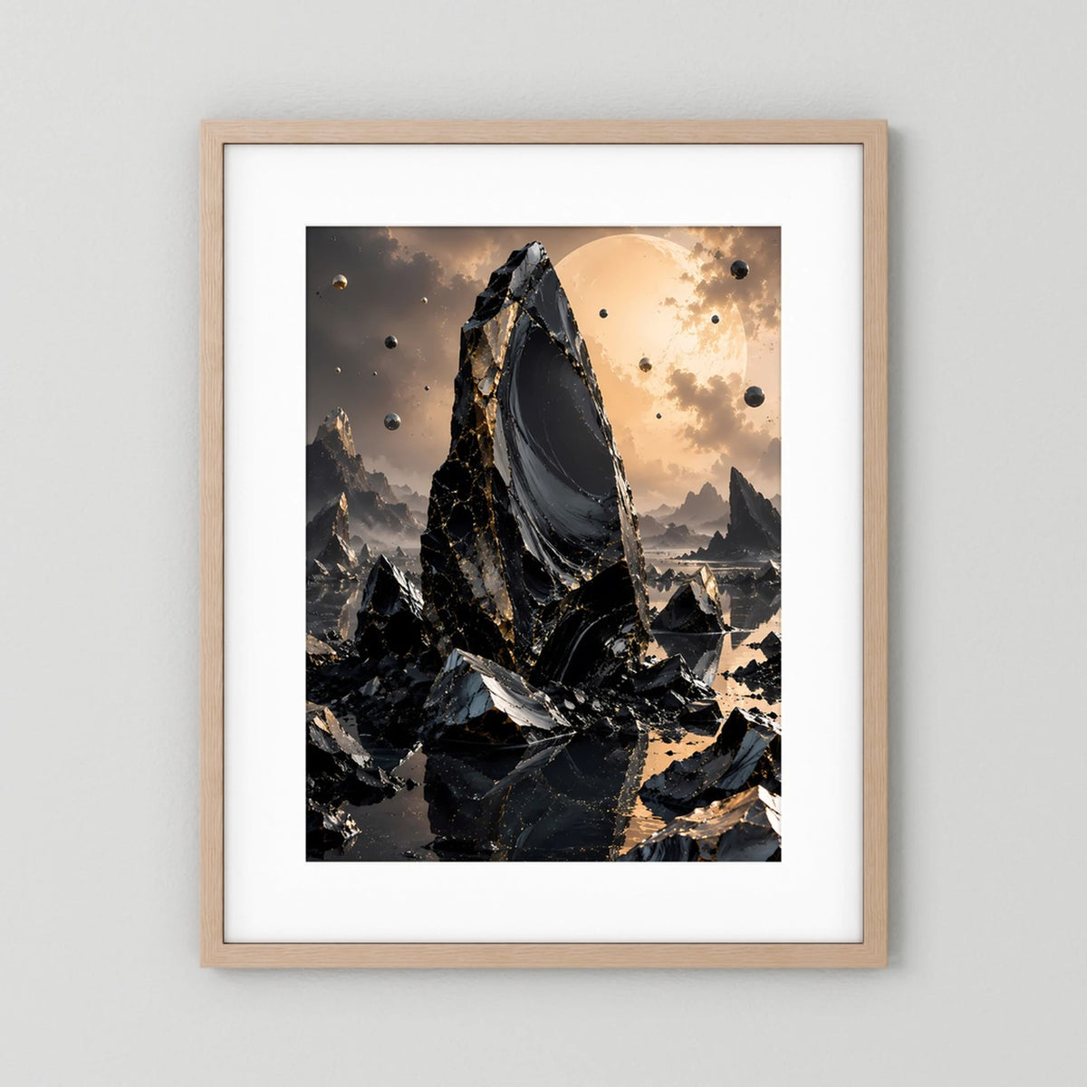 Gerahmtes Poster mit Holzrahmen: schwarzer Obsidian-Monolith, goldene Sonne, Hochformat