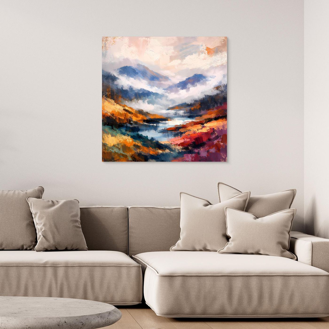 Abstraktes Leinwand-Wandbild mit Berglandschaft und Flusslauf, quadratisch