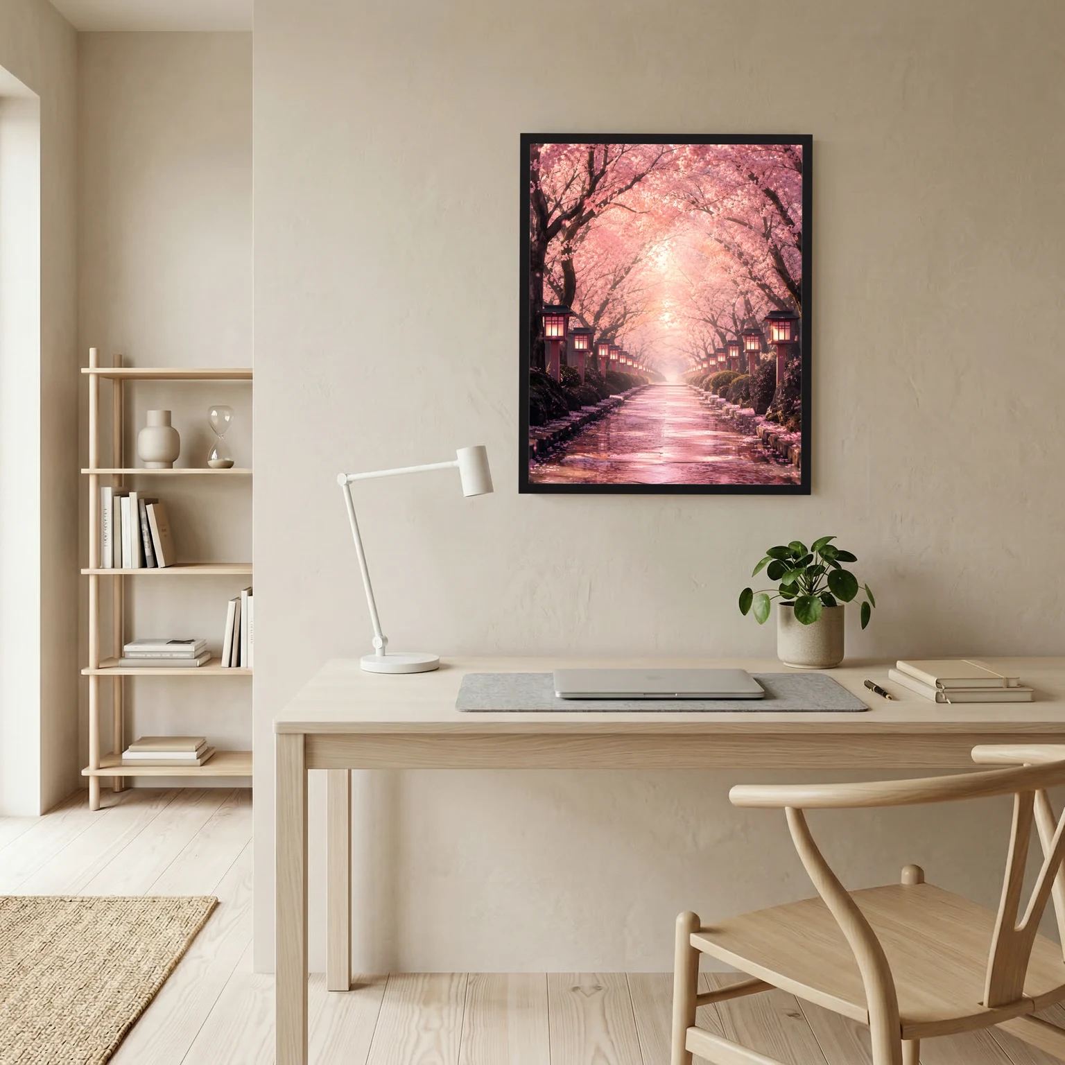 Wandposter im schwarzen Rahmen: Kirschblütenallee in Rosa mit Laternen und Straße