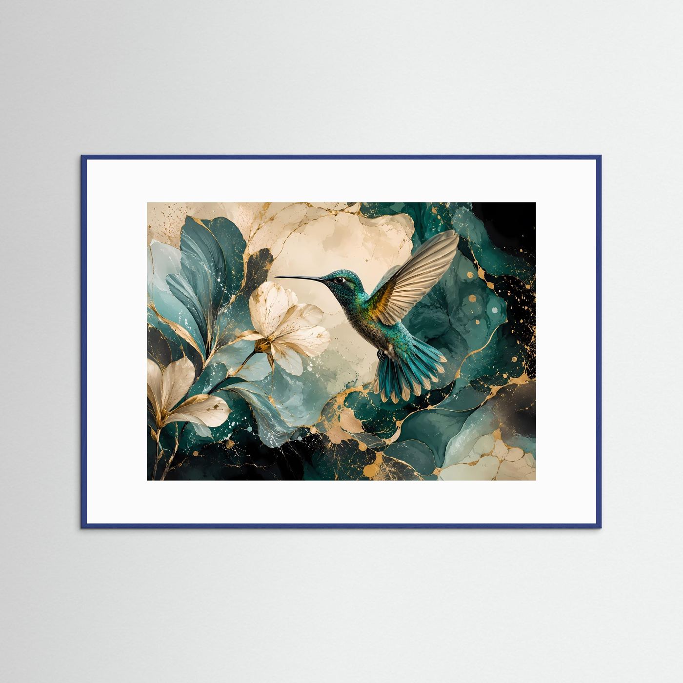 Kolibri mit Magnolienblüten Poster | Elegante Vogelkunst in Türkis Gold Modernes Blumen Wandbild Querformat