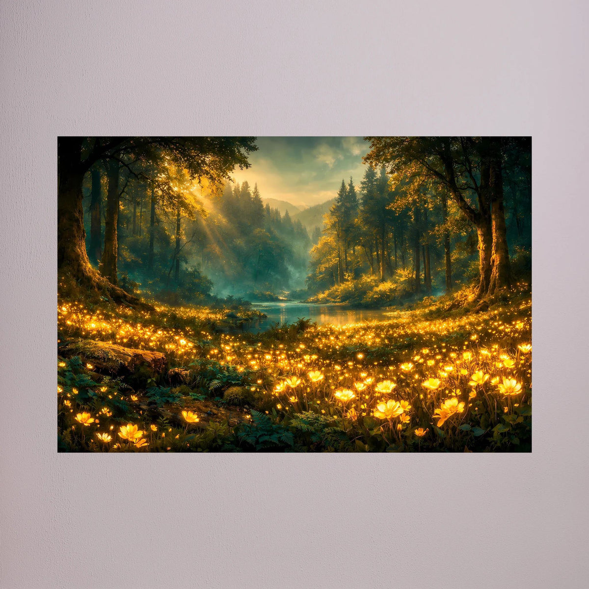 Wandposter im Querformat: Waldtal, Sonnenstrahlen und leuchtende Blumen