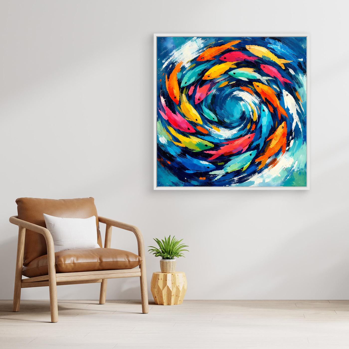 Leinwand Dynamischer Fischschwarm im Strudel | Abstraktes Ozean & Meer Wandbild