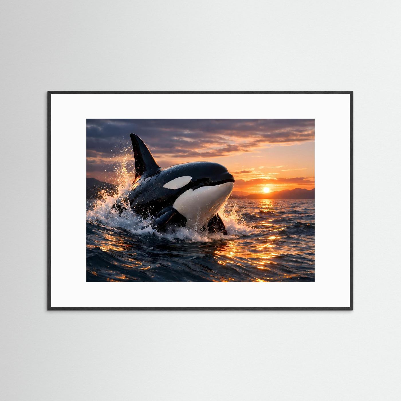 Querformat-Poster mit springender Orca über den Wellen bei Sonnenuntergang, schwarzer Rahmen