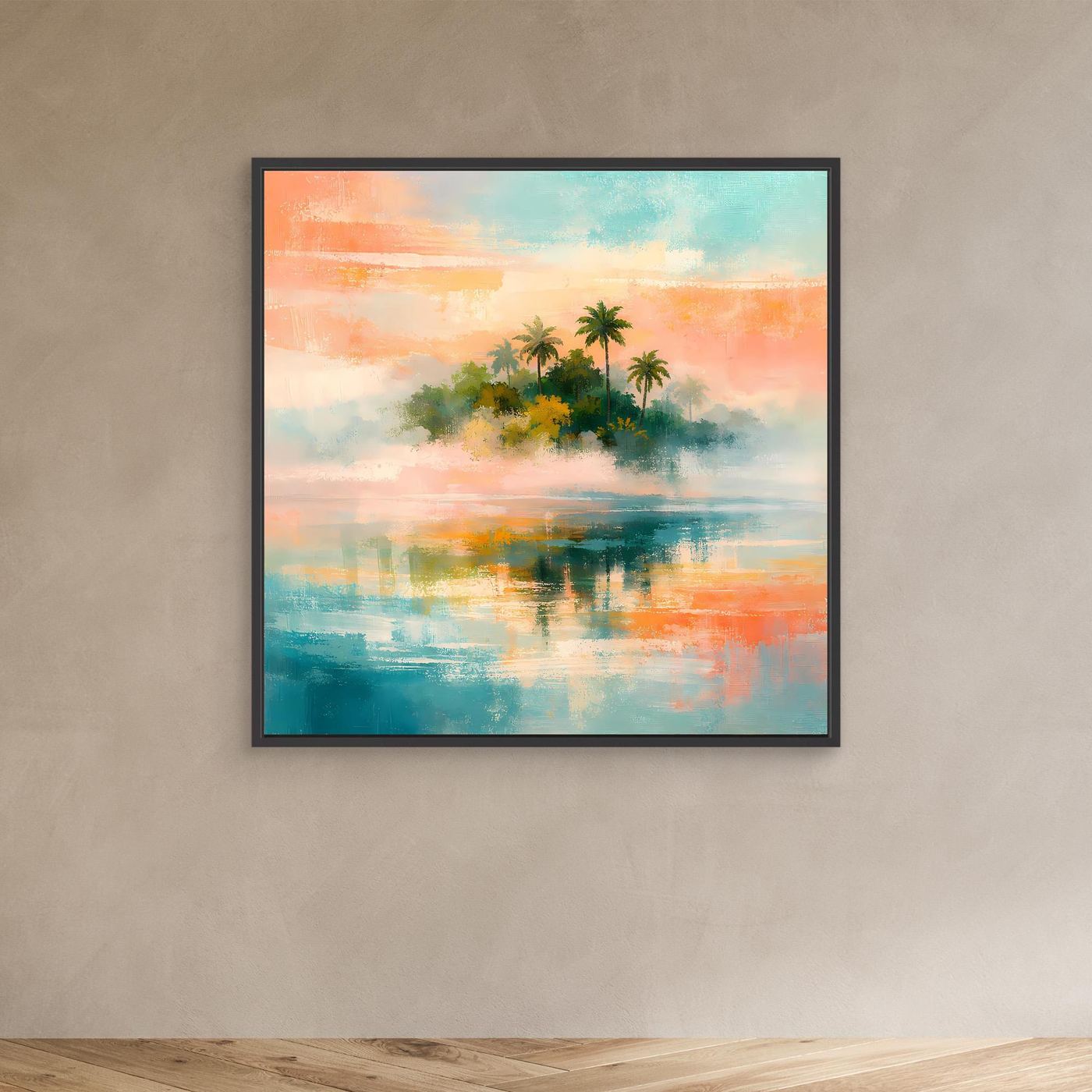 Abstraktes Wandbild mit Palmeninsel und Meer, türkis-rosa Farbverlauf im schwarzen Rahmen