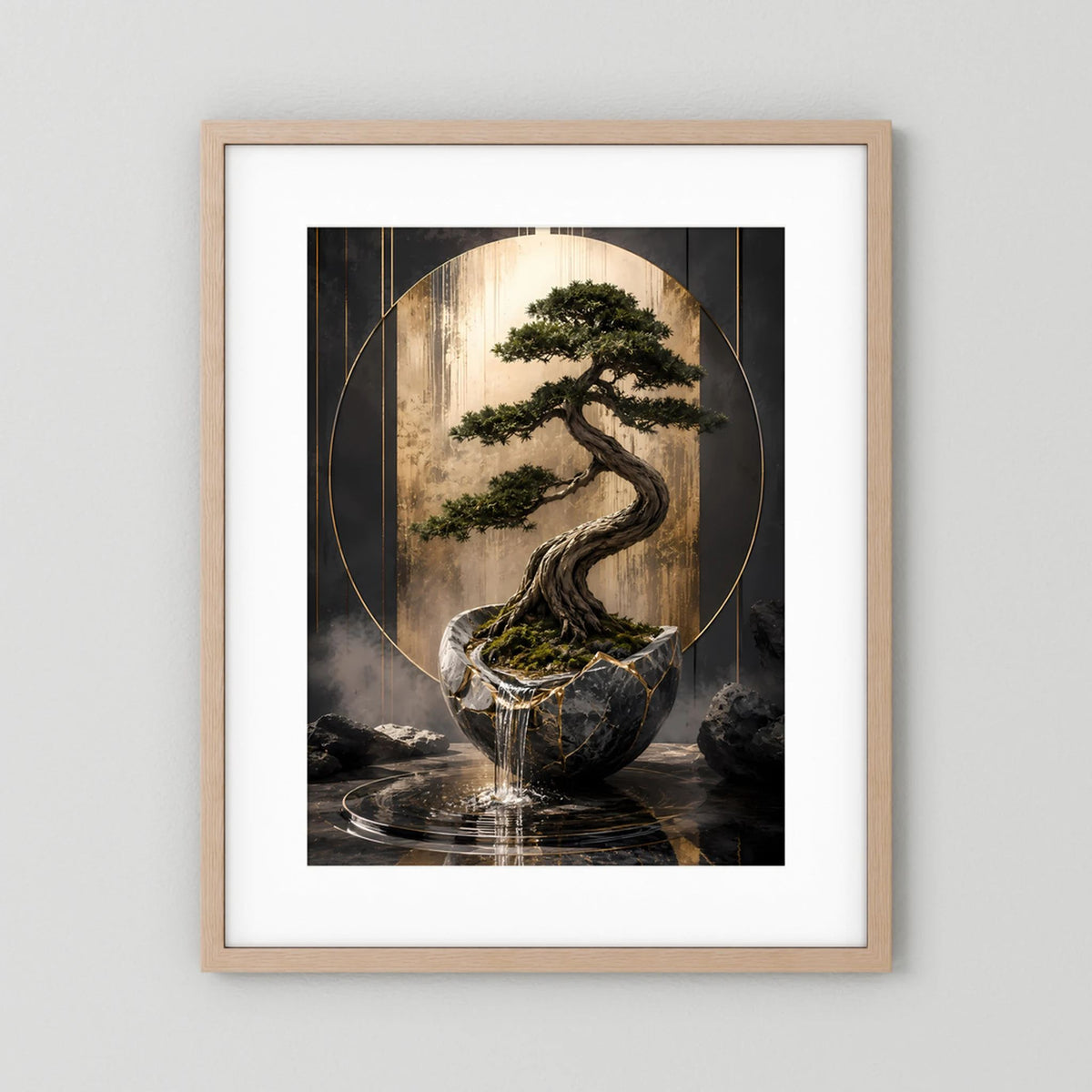 Hochformat-Poster Bonsai im dunklen Topf, schwarz-goldene Grafik, Holzrahmen hell