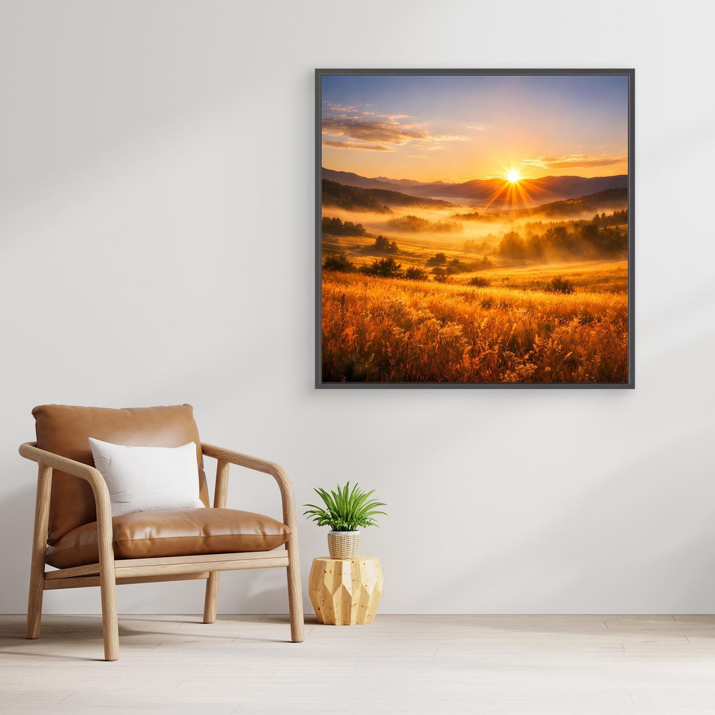 Leinwandbild Sonnenaufgang im Bergtal, schwarzer Rahmen, orange-goldene Wiesen im Nebel