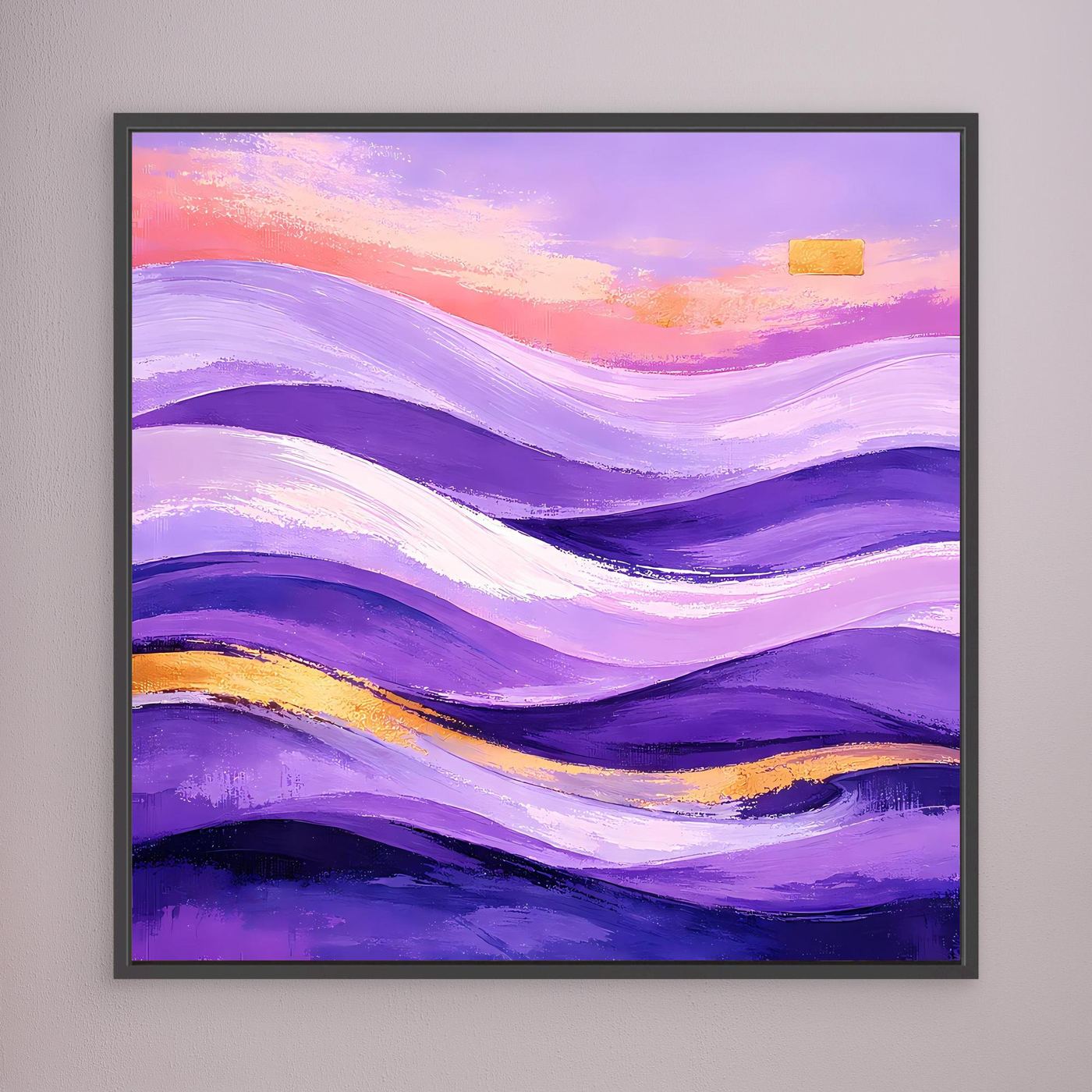 Leinwandbild mit abstrakter Wellenlandschaft in Lila, Gold und Rosa im schwarzen Rahmen