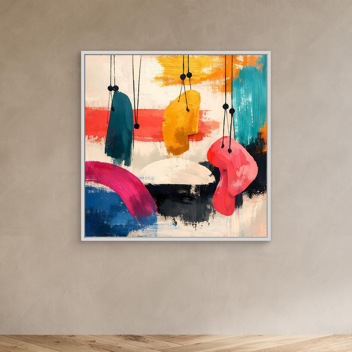 Abstract canvas wall art with white frame, hanging organic shapes in teal and pink