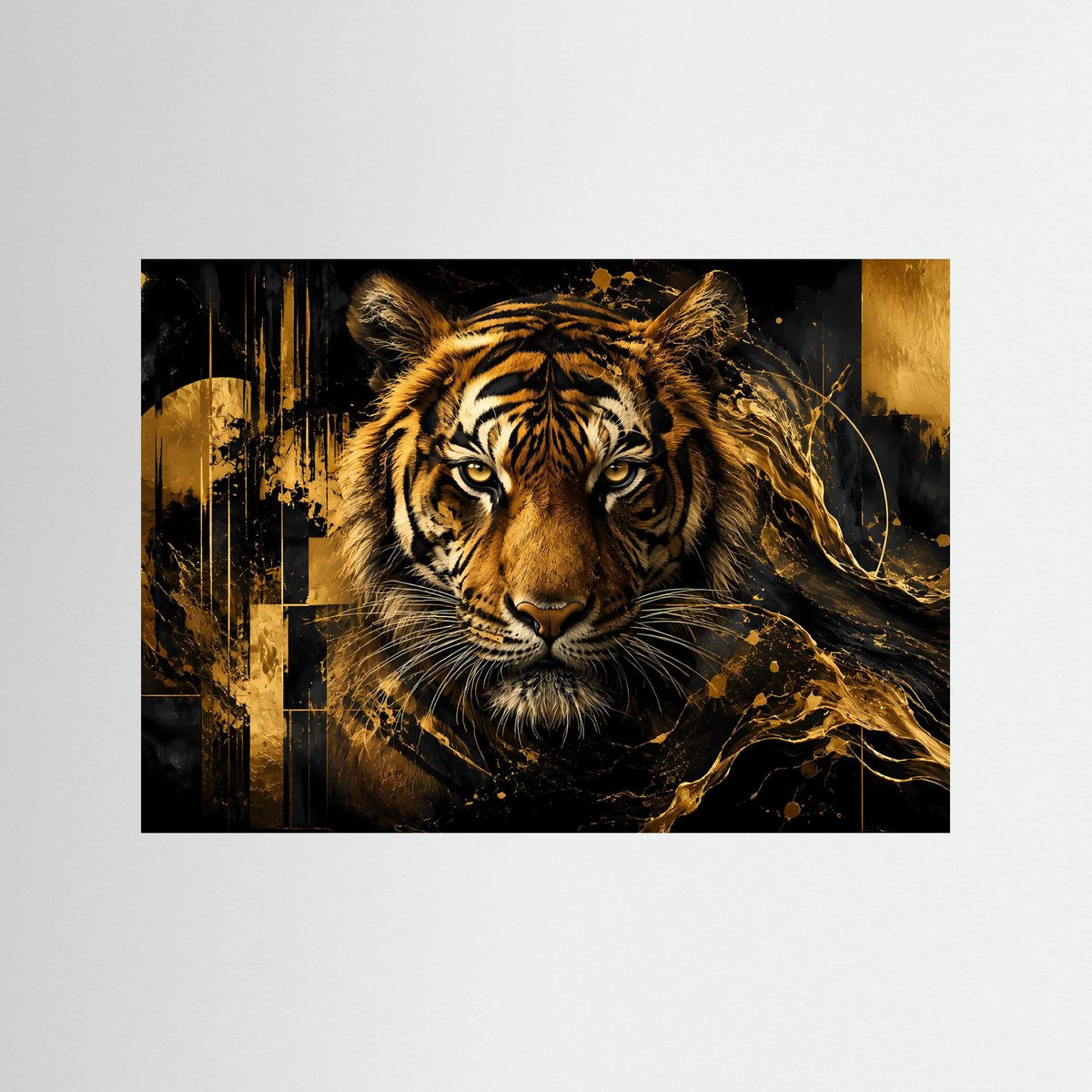 Poster im Querformat mit majestätischem Tiger in Schwarz und Gold, ohne Rahmen