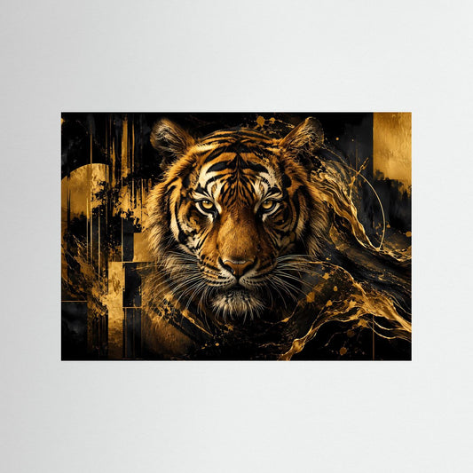 Poster im Querformat mit majestätischem Tiger in Schwarz und Gold, ohne Rahmen