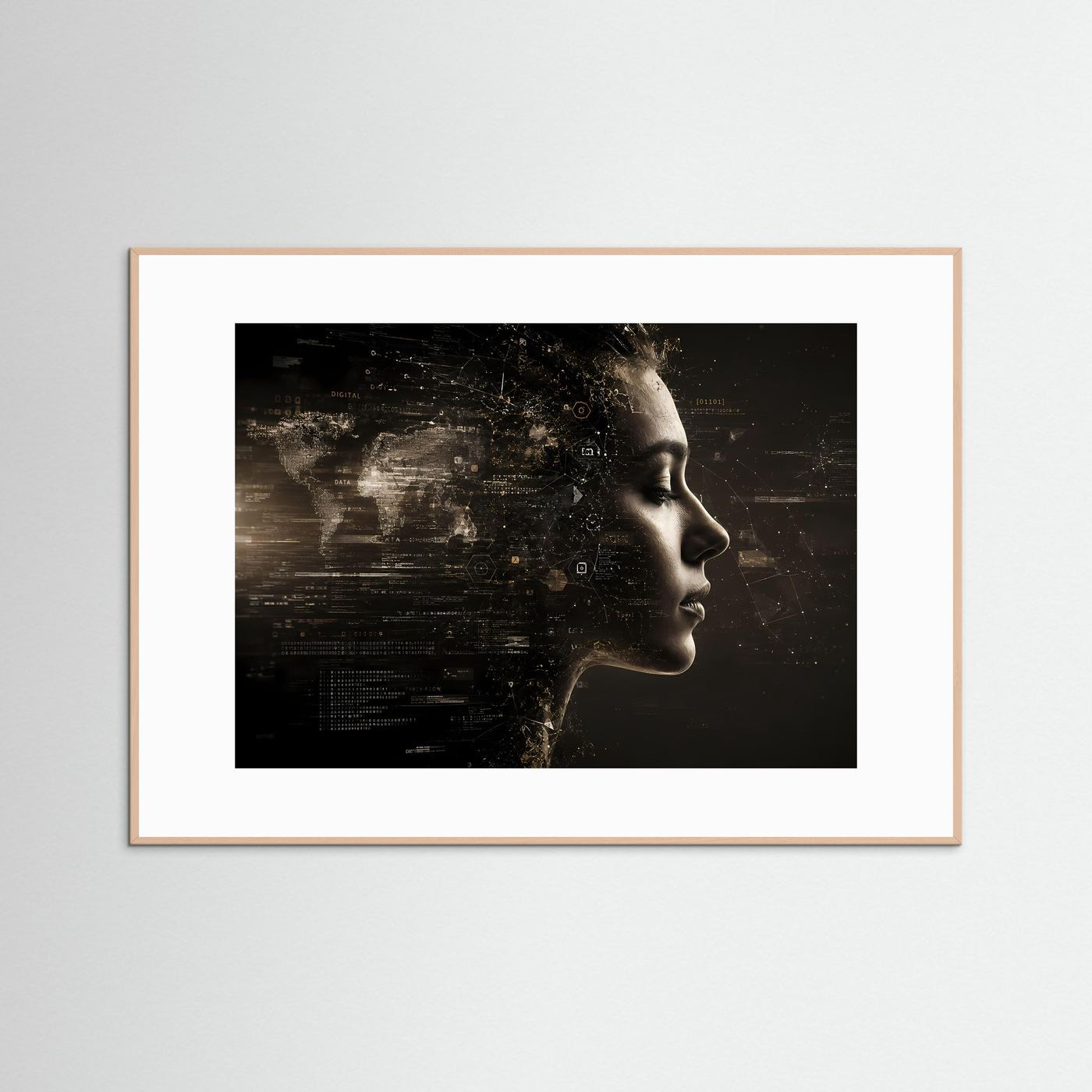 Querformat-Poster mit Frauenprofil und Datenwelt in Schwarz-Goldtönen, Holzrahmen