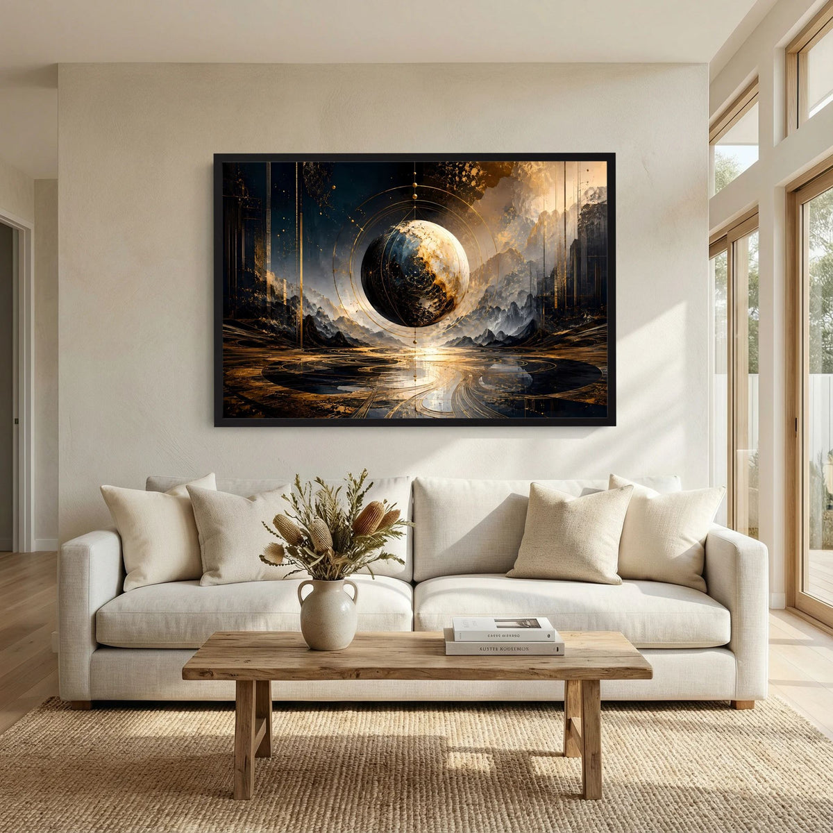 Weltkugel-Poster mit goldener Planeten­sphäre über dunkler Landschaft, schwarzer Rahmen