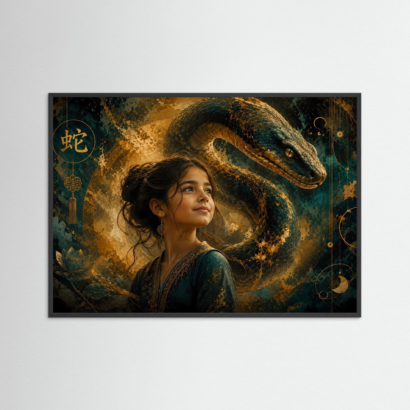 Gerahmtes Fantasy-Poster: Porträt der Frau mit großer Schlange, Petrol und Gold.