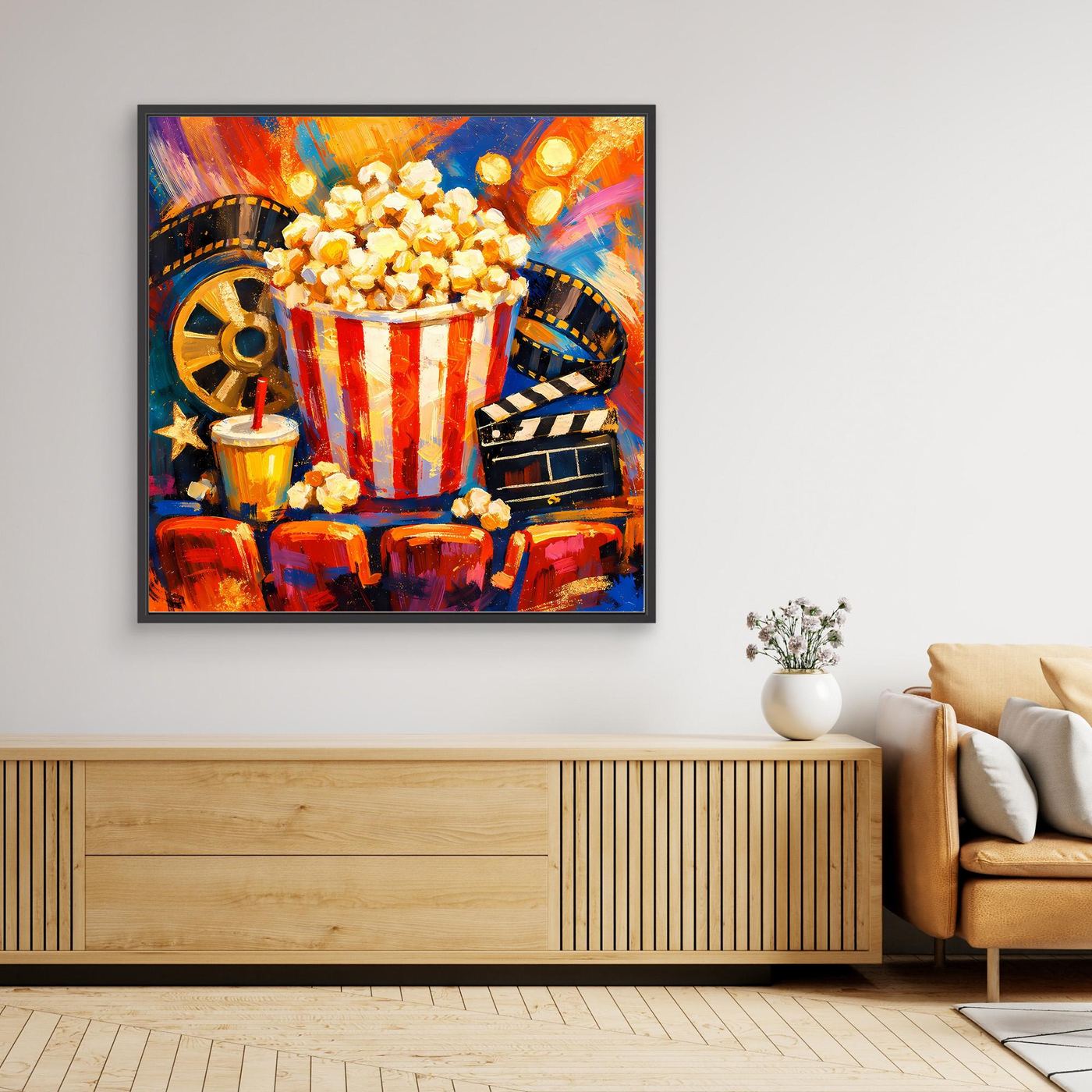 Leinwandbild mit Kino-Motiv, schwarzer Rahmen: Popcorn, Filmrollen und Streifen