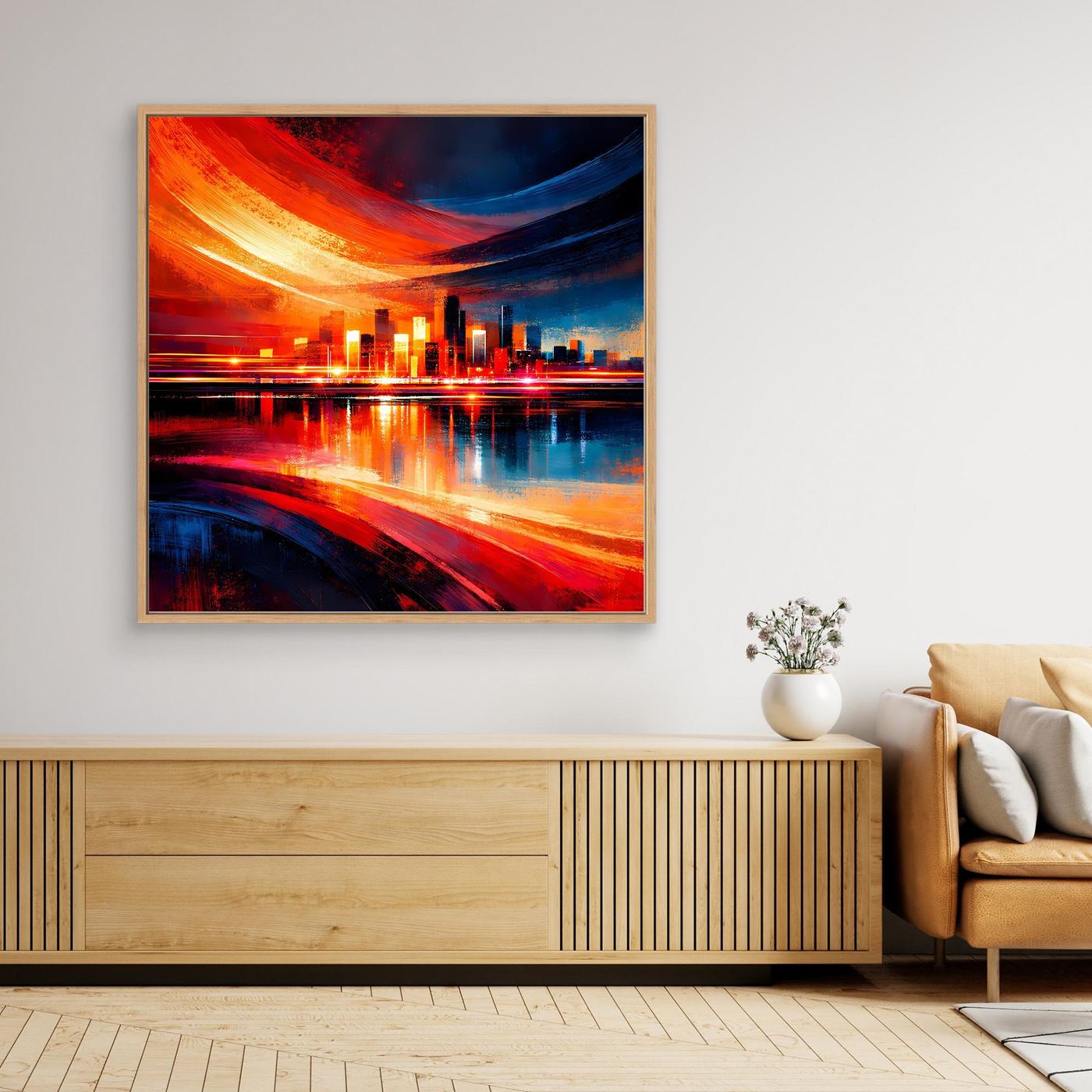 Gerahmtes Leinwandbild mit abstrakter Skyline und Lichtspuren in Rot und Blau, Holzrahmen.