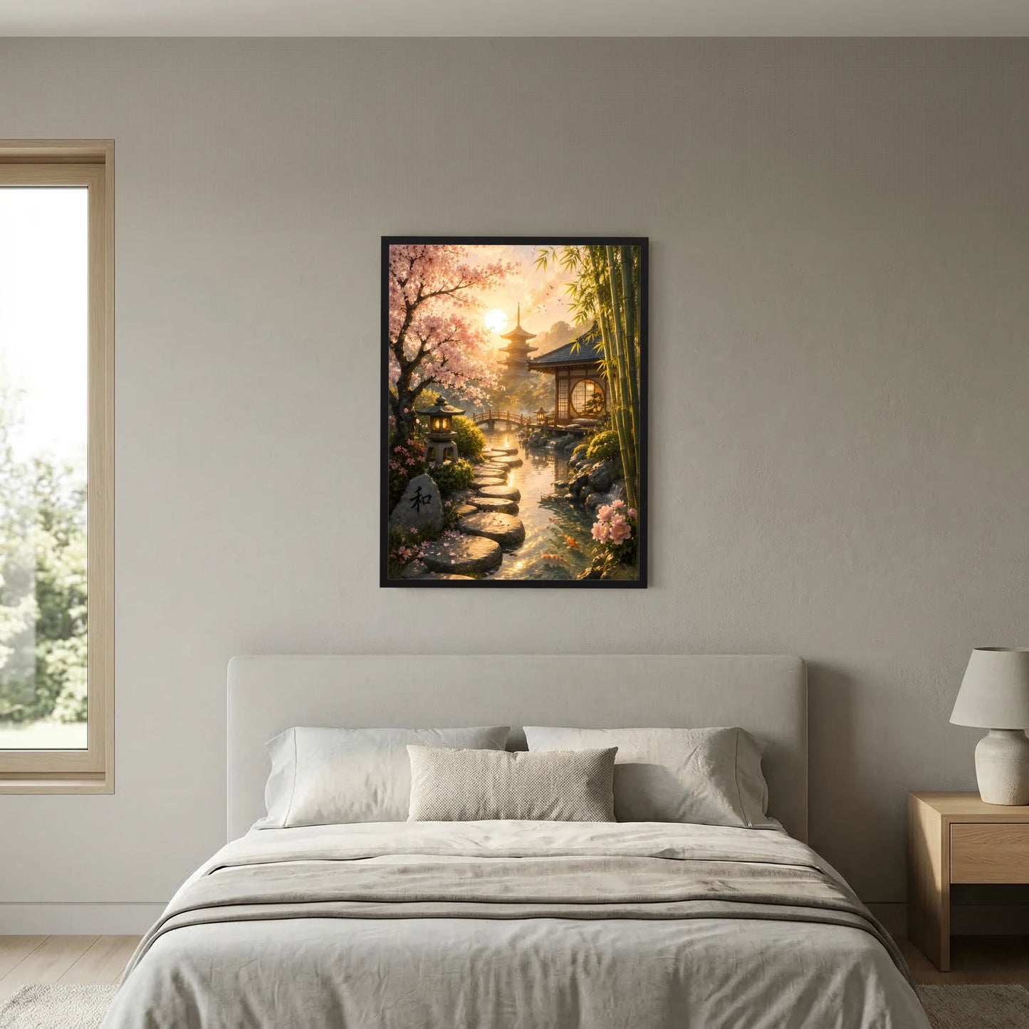 Hochformat-Poster Zen-Garten: schmaler Pfad, Laternen und Kirschblüten im warmen Licht