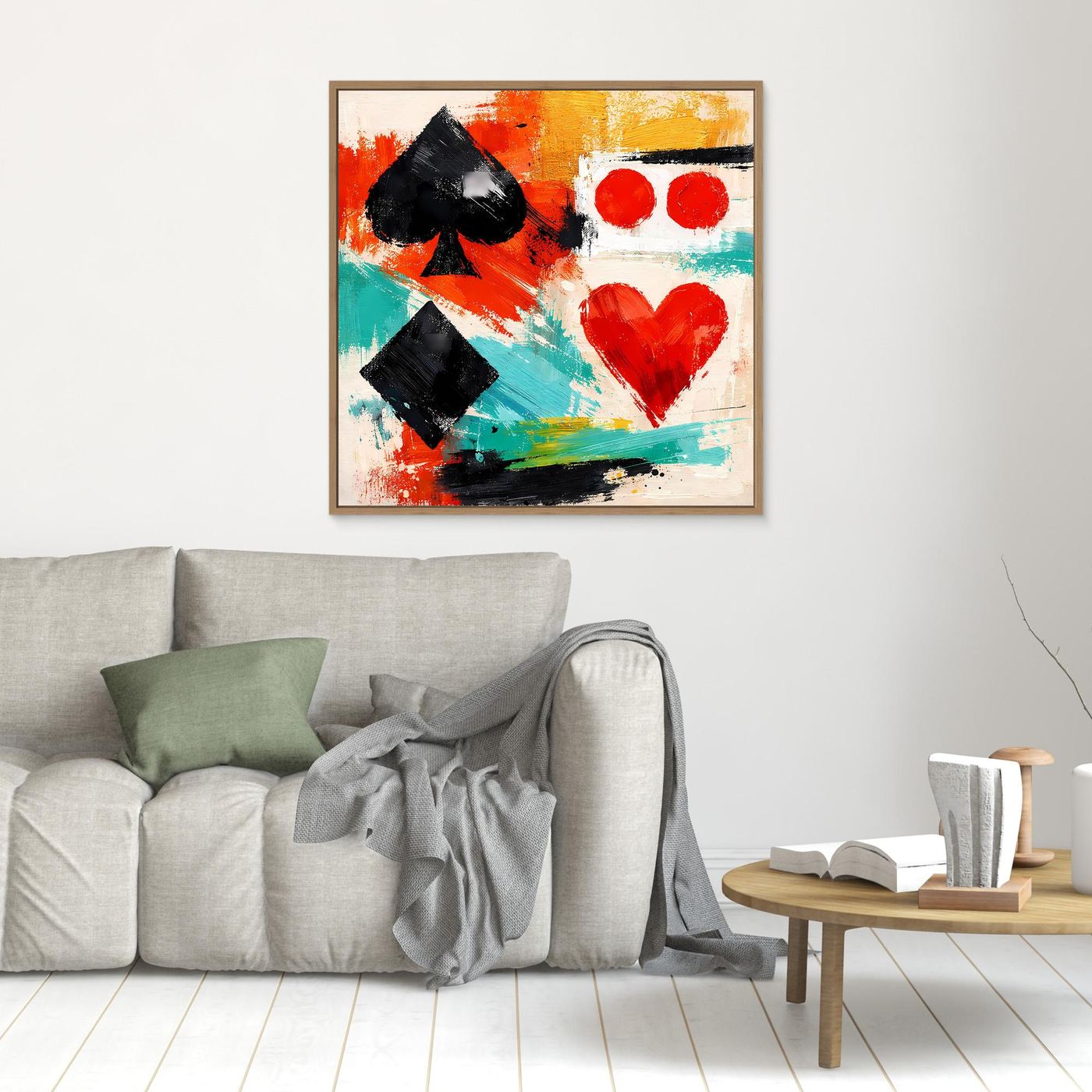 Abstract canvas wall art with black spade and diamond, teal strokes, red hearts; wooden frame