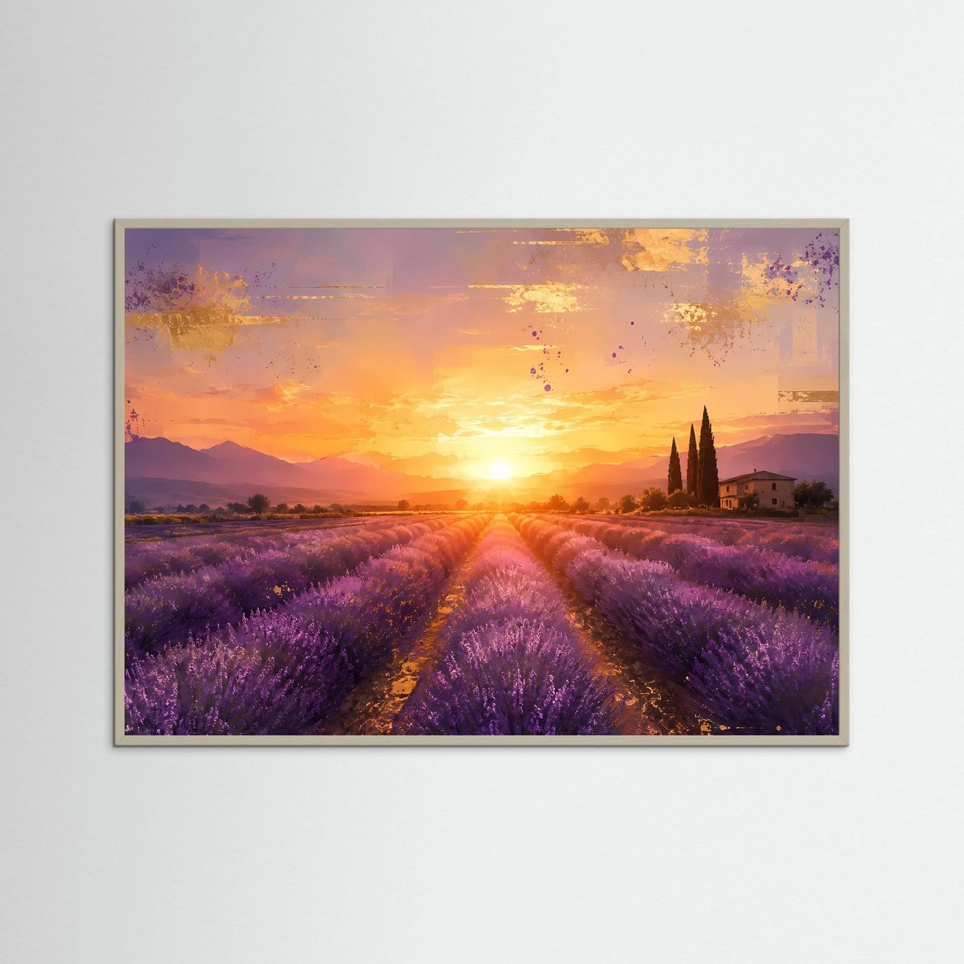 Lavendelfeld in der Provence bei Sonnenuntergang | Romantisches Poster in Lila & Gold | Panoramabild Querformat