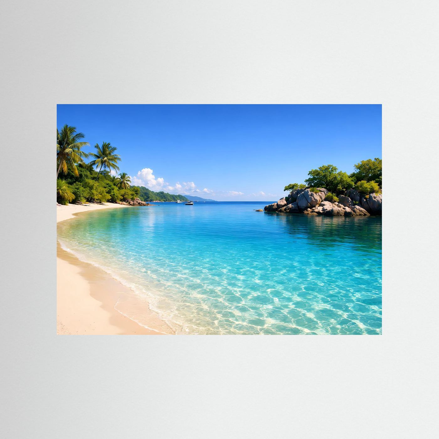 Querformat Poster mit tropischem Strand, türkisblauem Meer und Palmen am Ufer