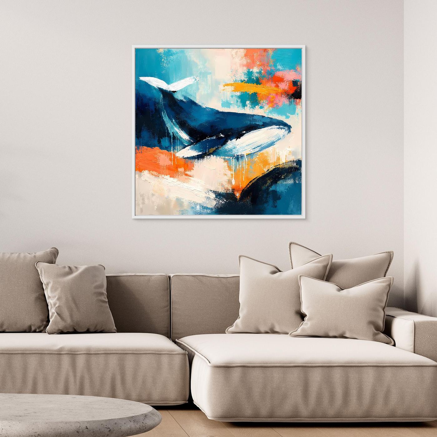 Abstraktes Wal-Wandbild auf Leinwand mit hellem Rahmen, blau-türkises Meer, orangefarbene Flächen