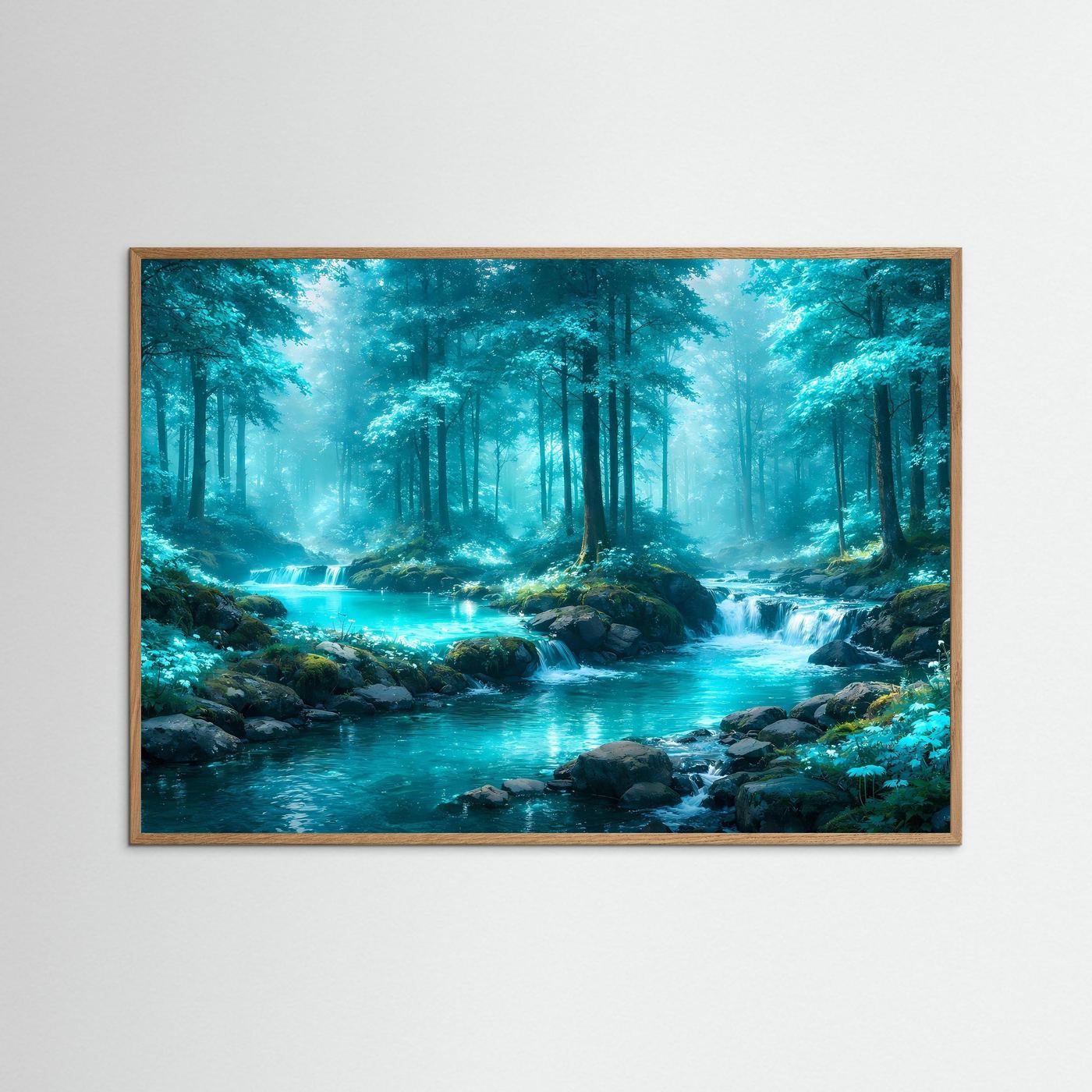 Wandbild mit hellem Holzrahmen: Fluss im Wald, türkisfarbenes Wasser