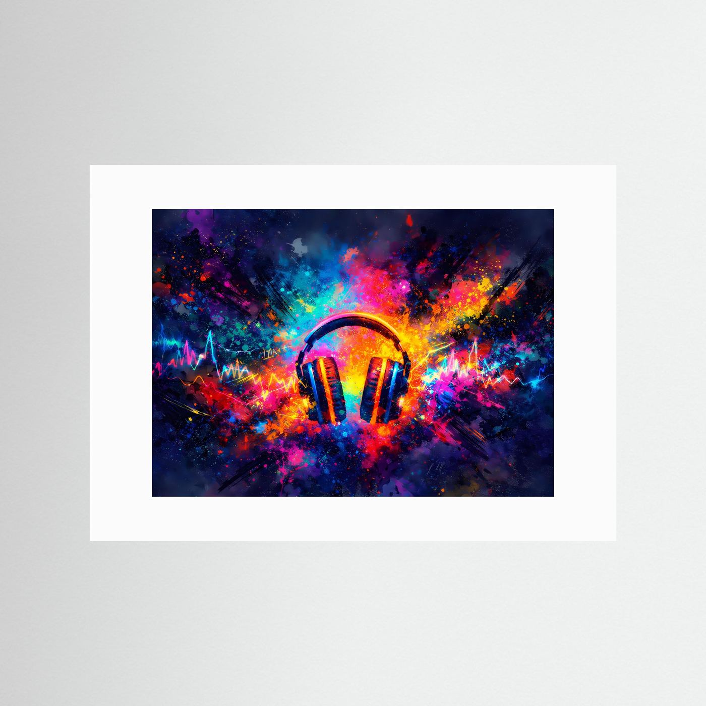 Musikposter Querformat mit bunten Kopfhörern und weißem Passepartout