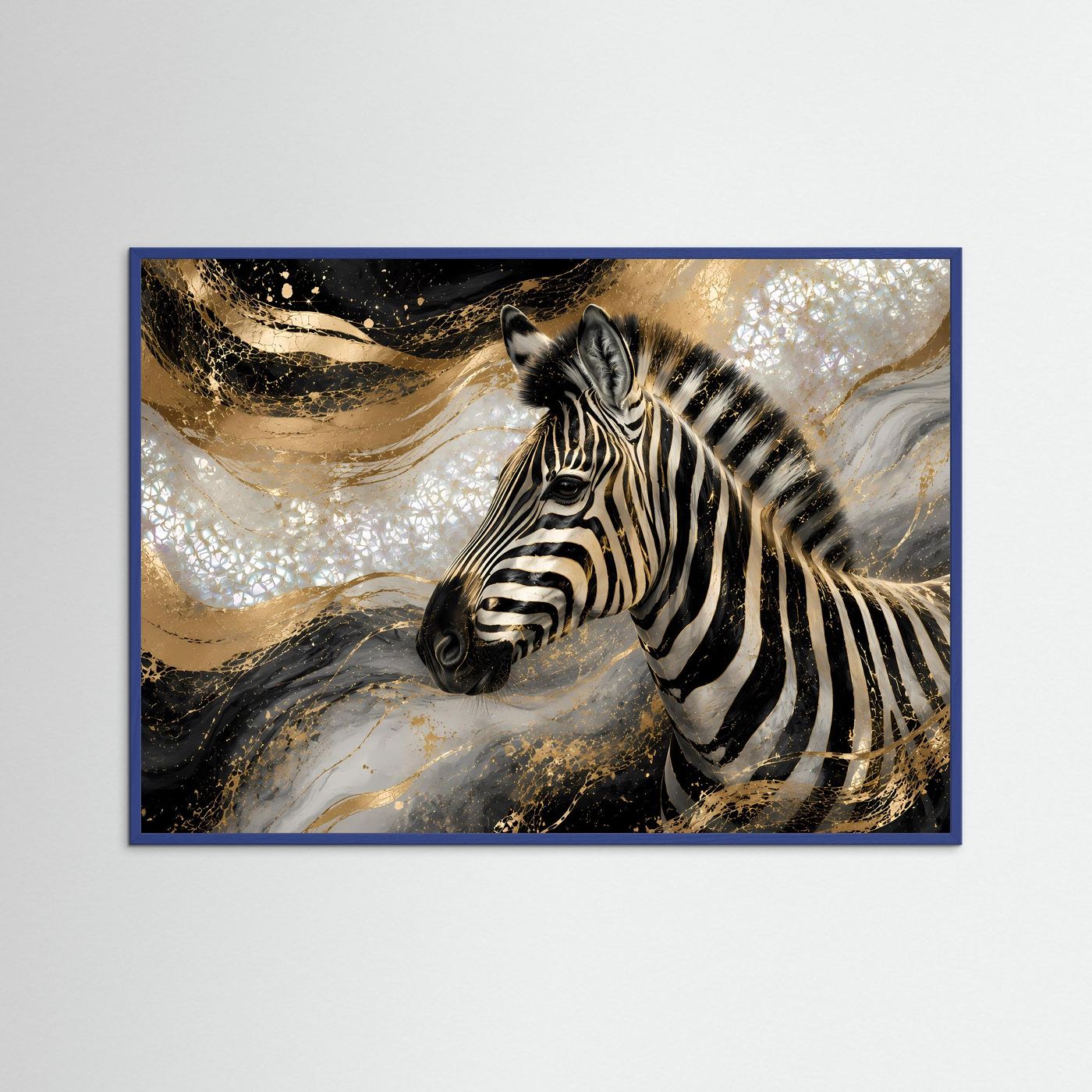 Querformat-Poster mit Zebra-Motiv in Schwarz, Weiß und Gold im blauen Rahmen