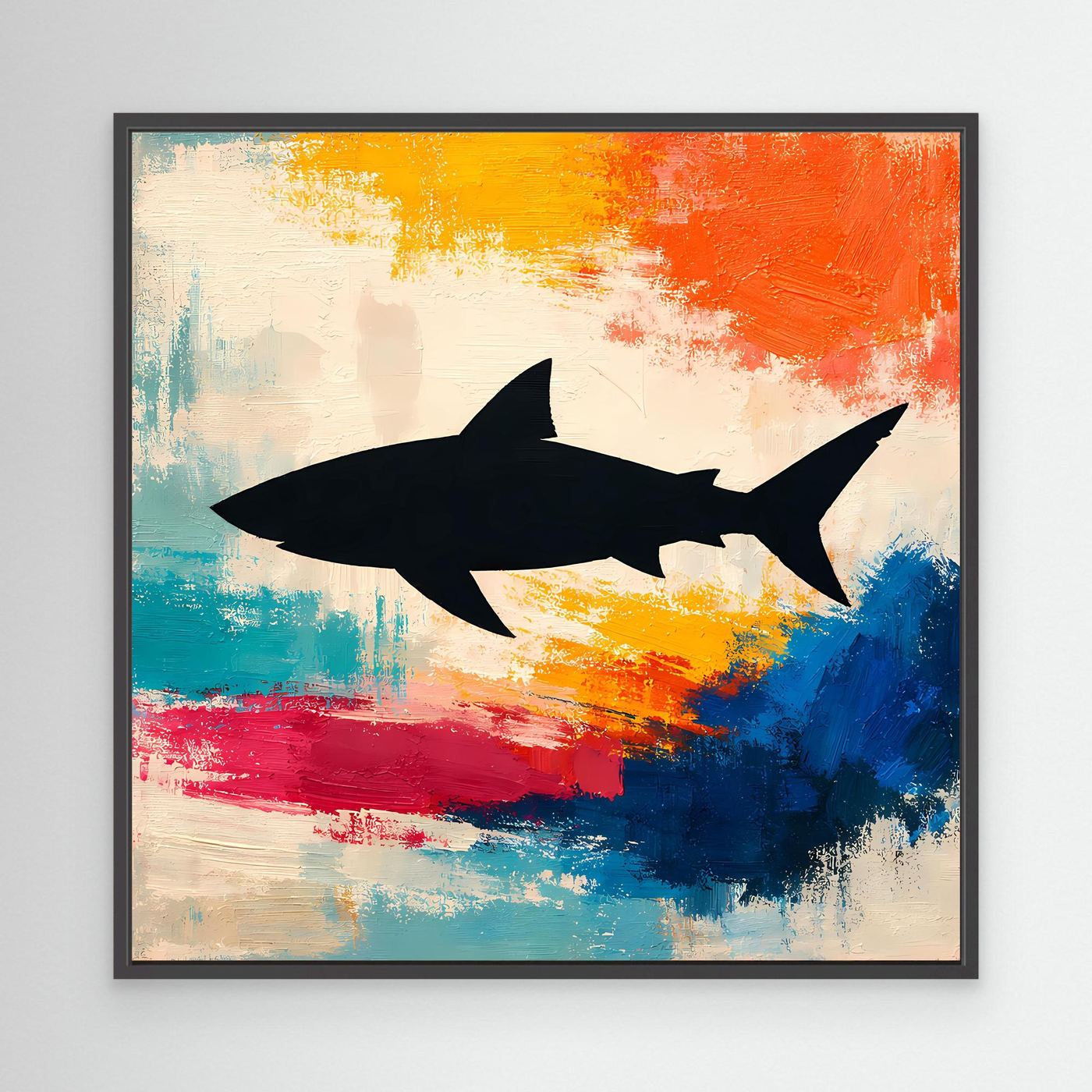 Leinwand Minimalistische Hai-Silhouette im Farbenmeer | Abstraktes Pop-Art Wandbild