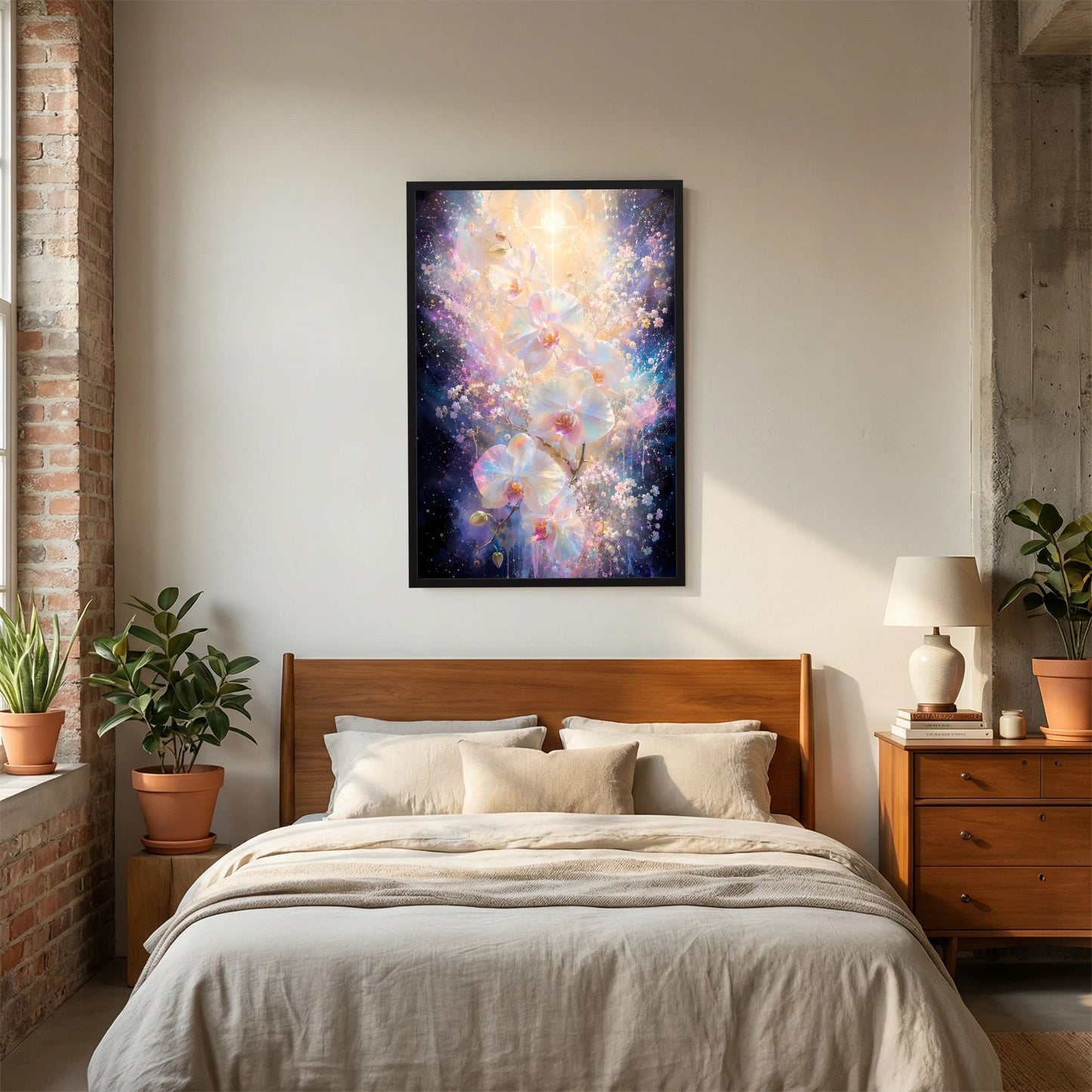 Hochformat-Poster mit schimmernden Orchideenblüten und goldfarbenem Licht, schwarzer Rahmen.