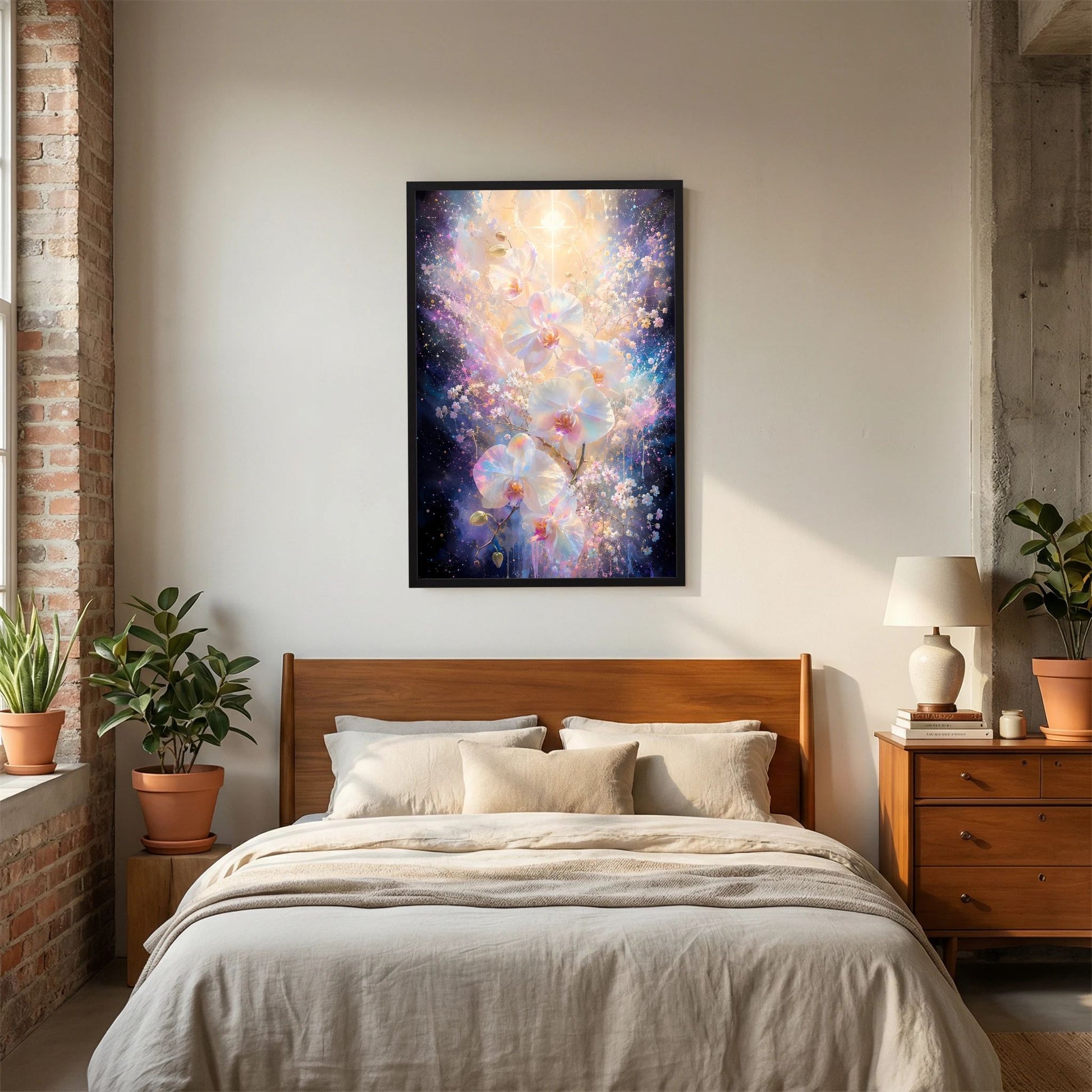 Hochformat-Poster mit schimmernden Orchideenblüten und goldfarbenem Licht, schwarzer Rahmen.