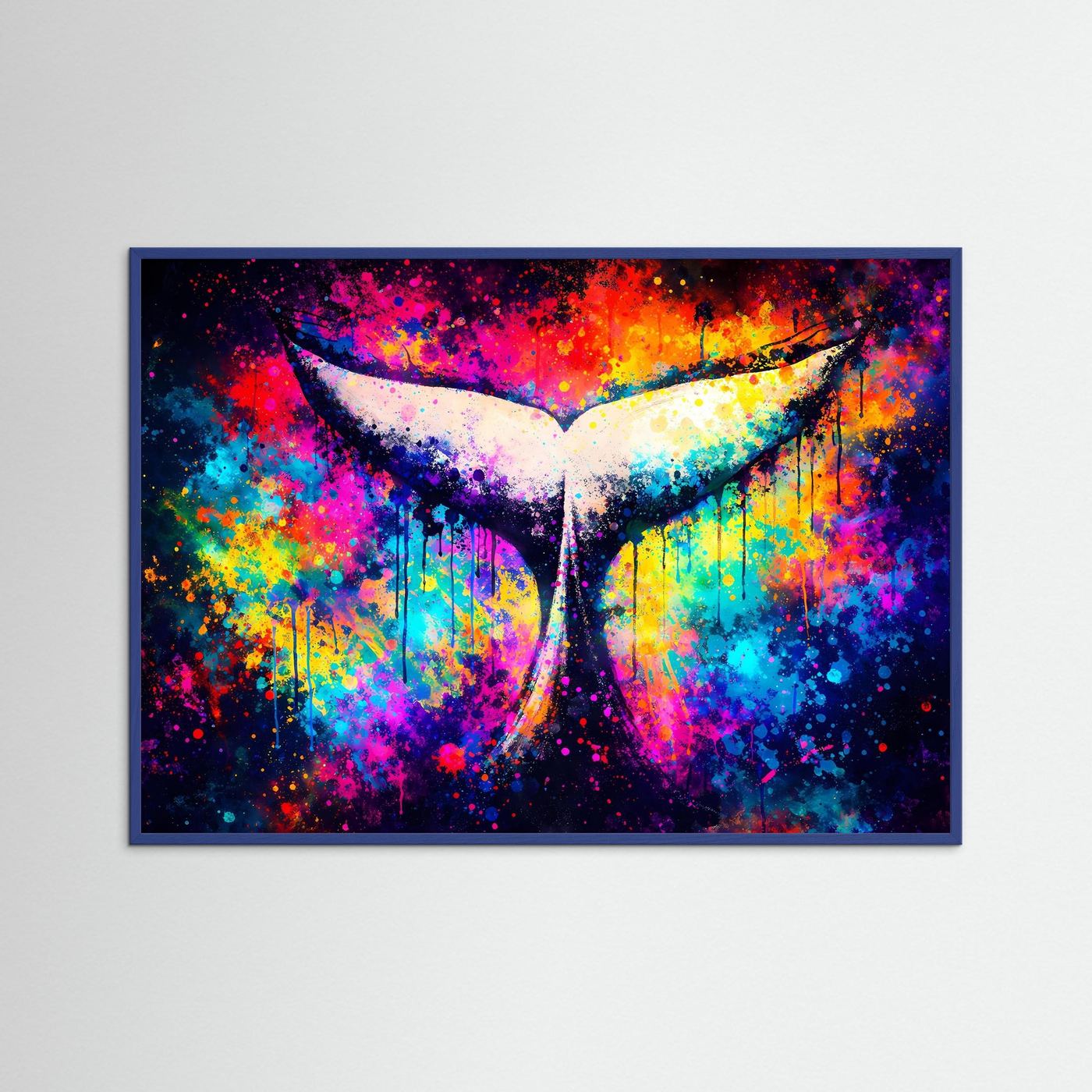 Poster mit abstrakter Walfluke in Neonfarben, blau-grau gerahmt, Querformat