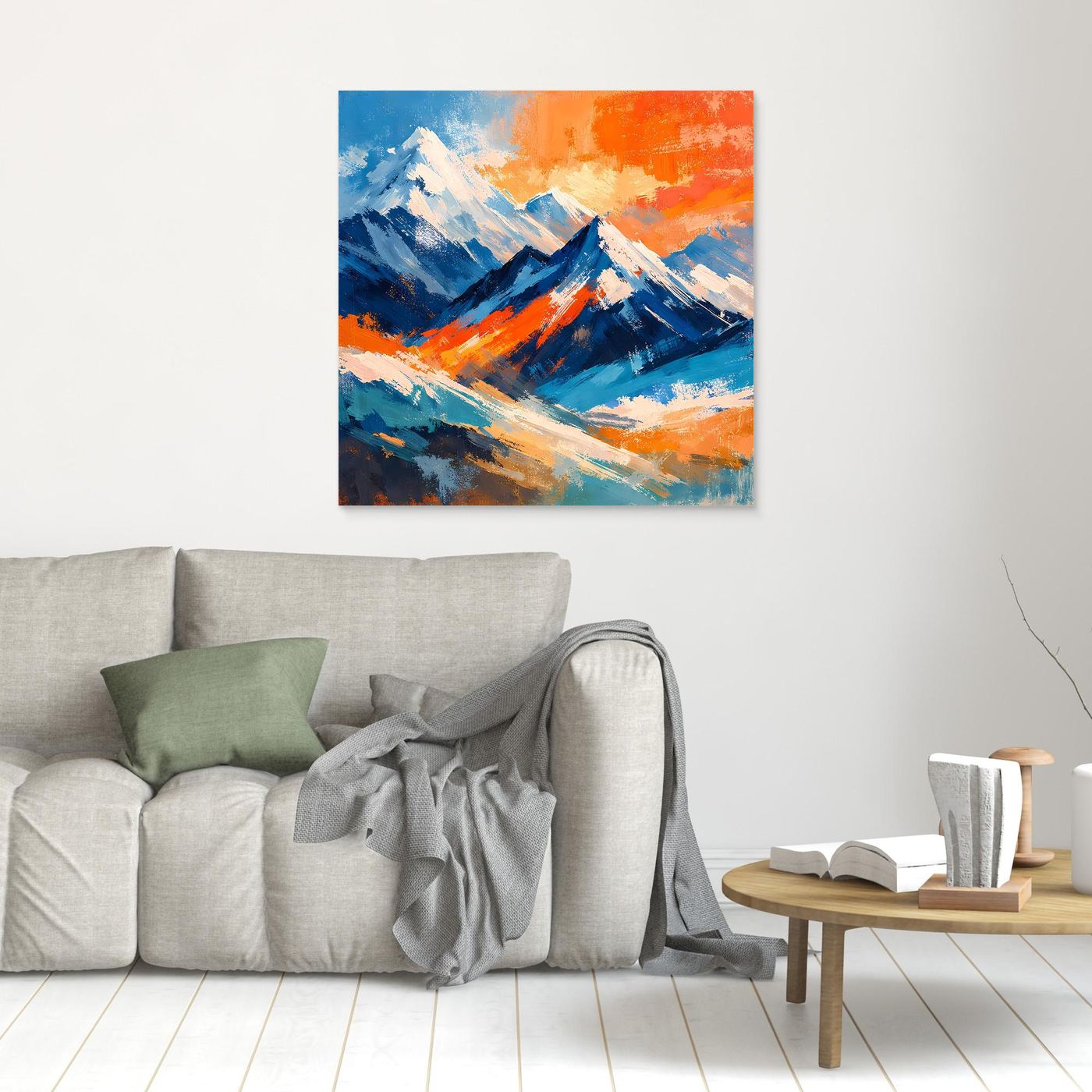 Abstraktes Leinwandbild mit bunten Bergen, Holzrahmen, quadratische Wanddekoration