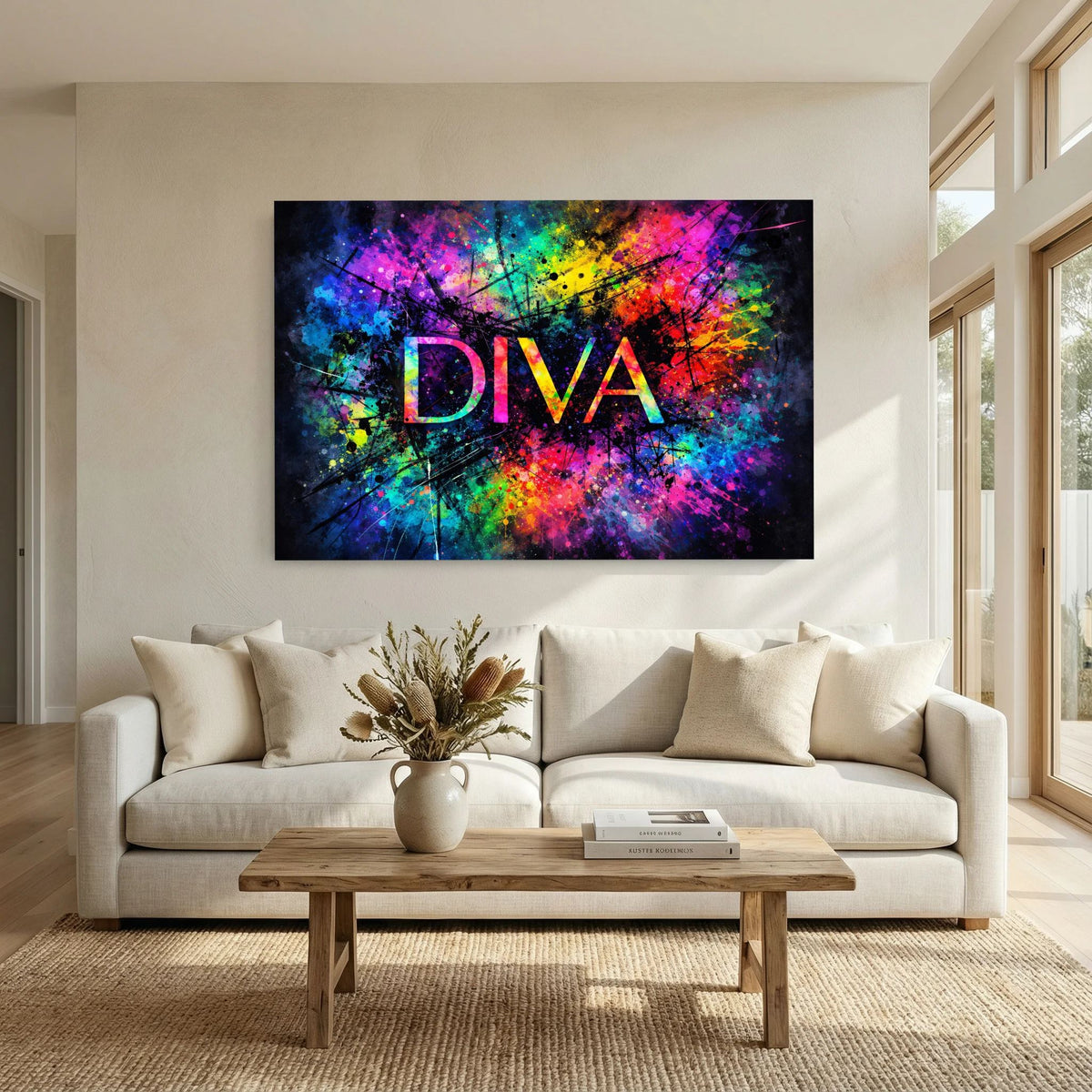 Abstraktes Wandbild DIVA mit bunten Farbspritzern und schwarzem Rahmen über Sofa.