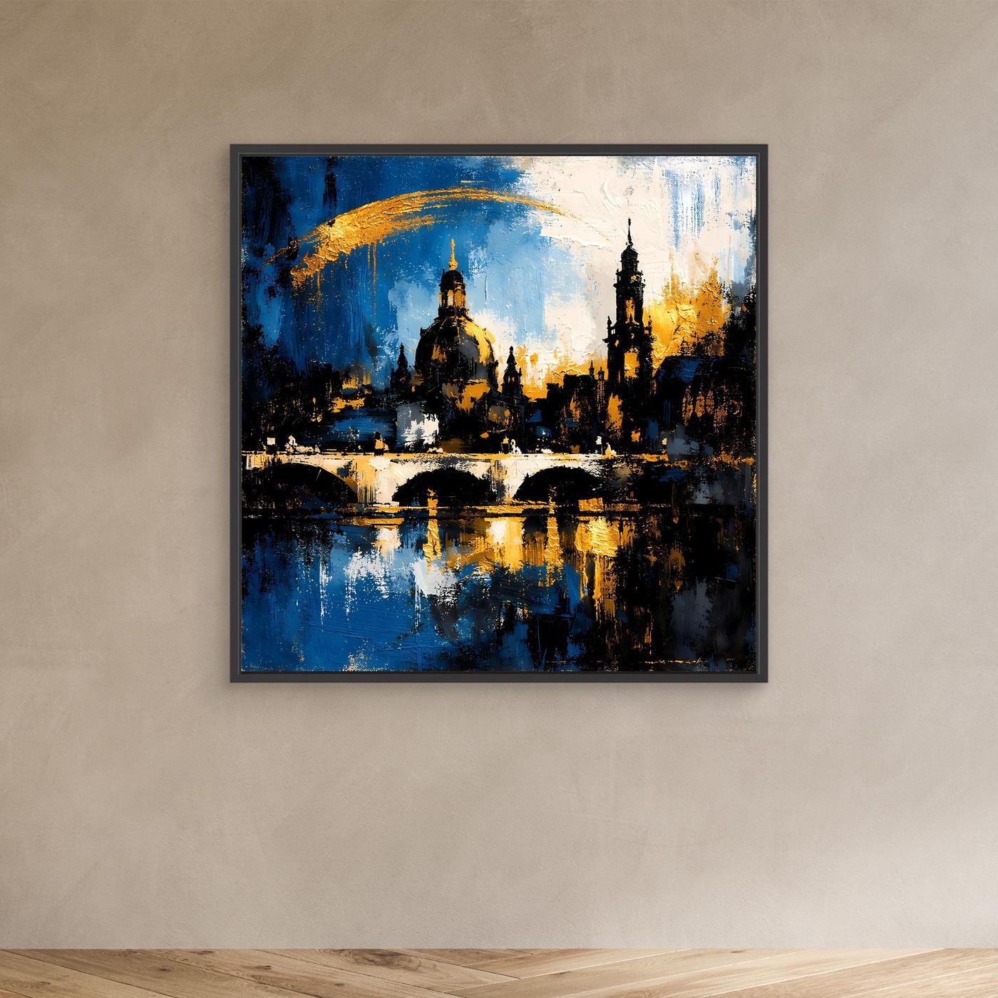 Leinwand-Wandbild mit abstrakter Skyline in Blau, Gold und Schwarz, Elbansicht mit schwarzem Rahmen