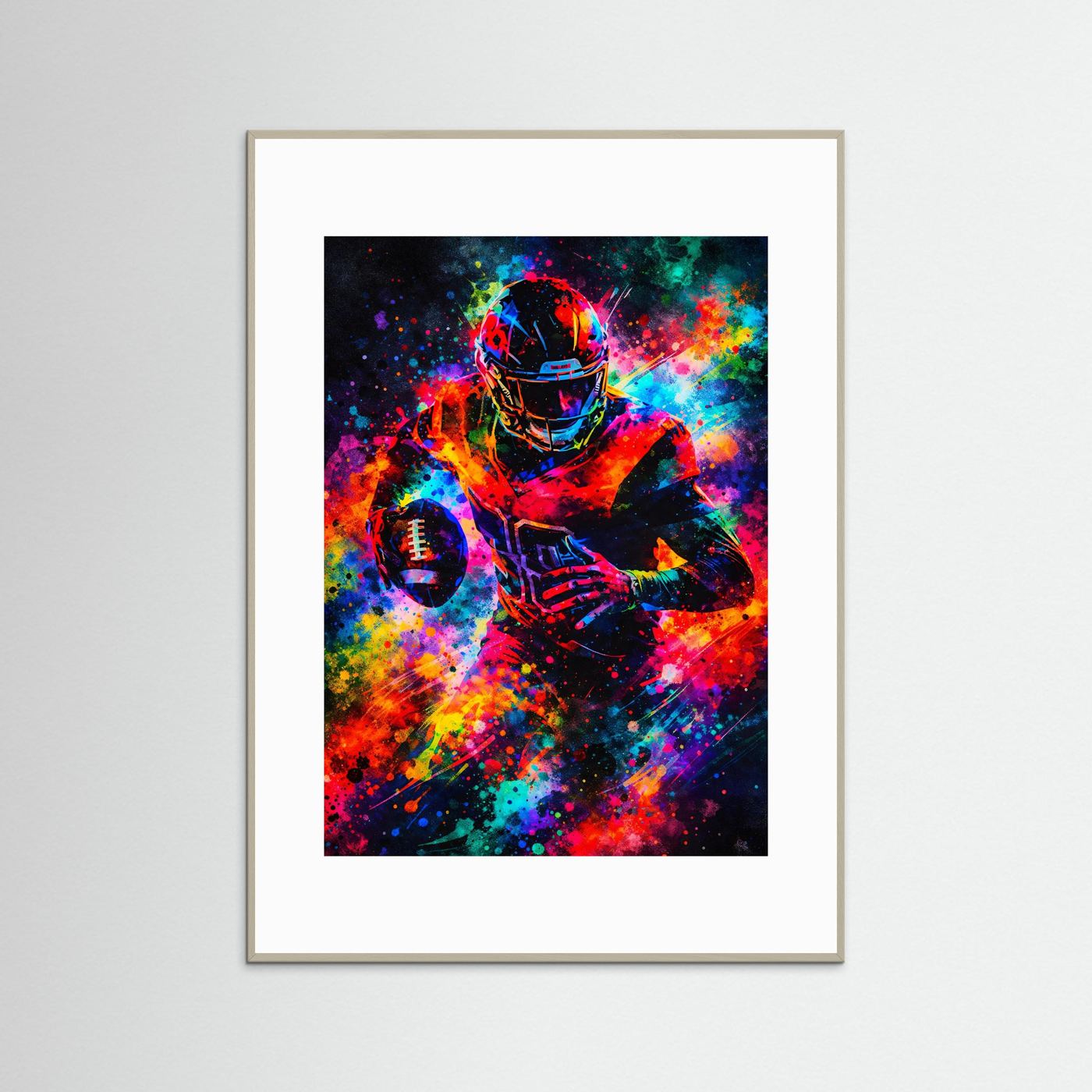 Gerahmtes Sportkunstposter im Hochformat mit Football-Spieler in buntem Farbsprühnebel