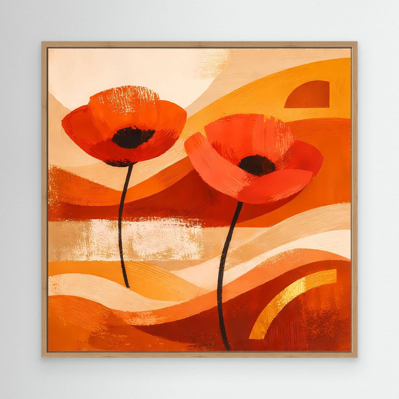 Abstraktes Leinwandbild mit orangefarbenen Mohnblüten im hellbraunen Holzrahmen