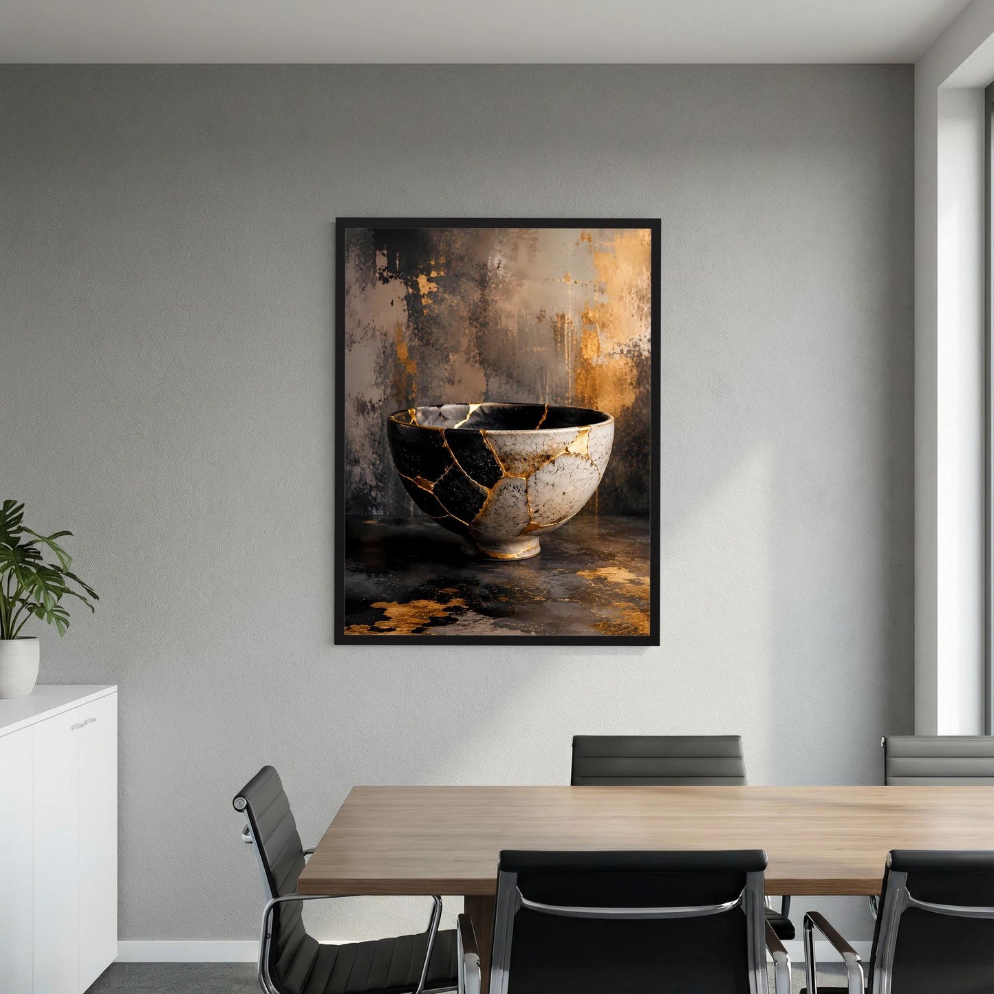 Gerahmtes Poster mit Kintsugi-Schale: goldene Risslinien auf schwarz-weißer Keramikschale