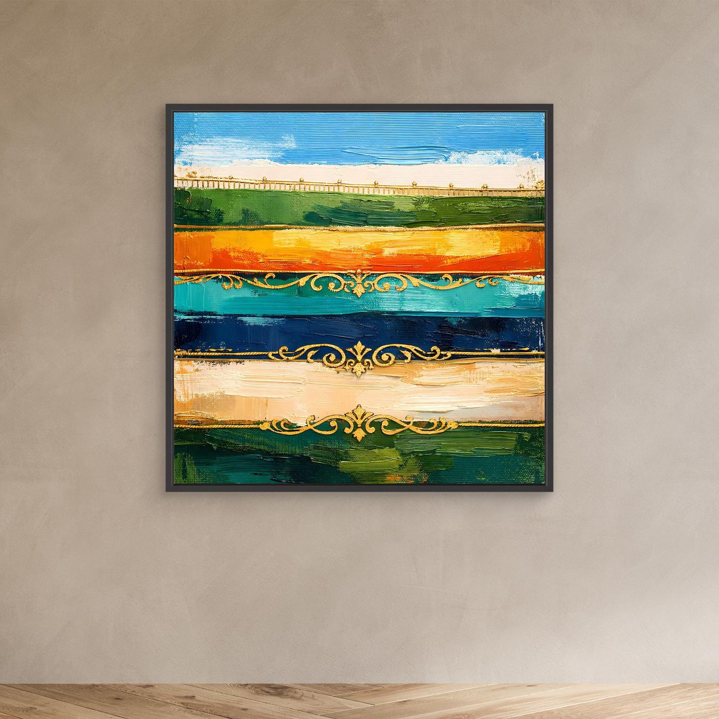 Leinwand Elegante Abstrakte Farbstreifen | Modernes Wandbild mit Goldornamenten
