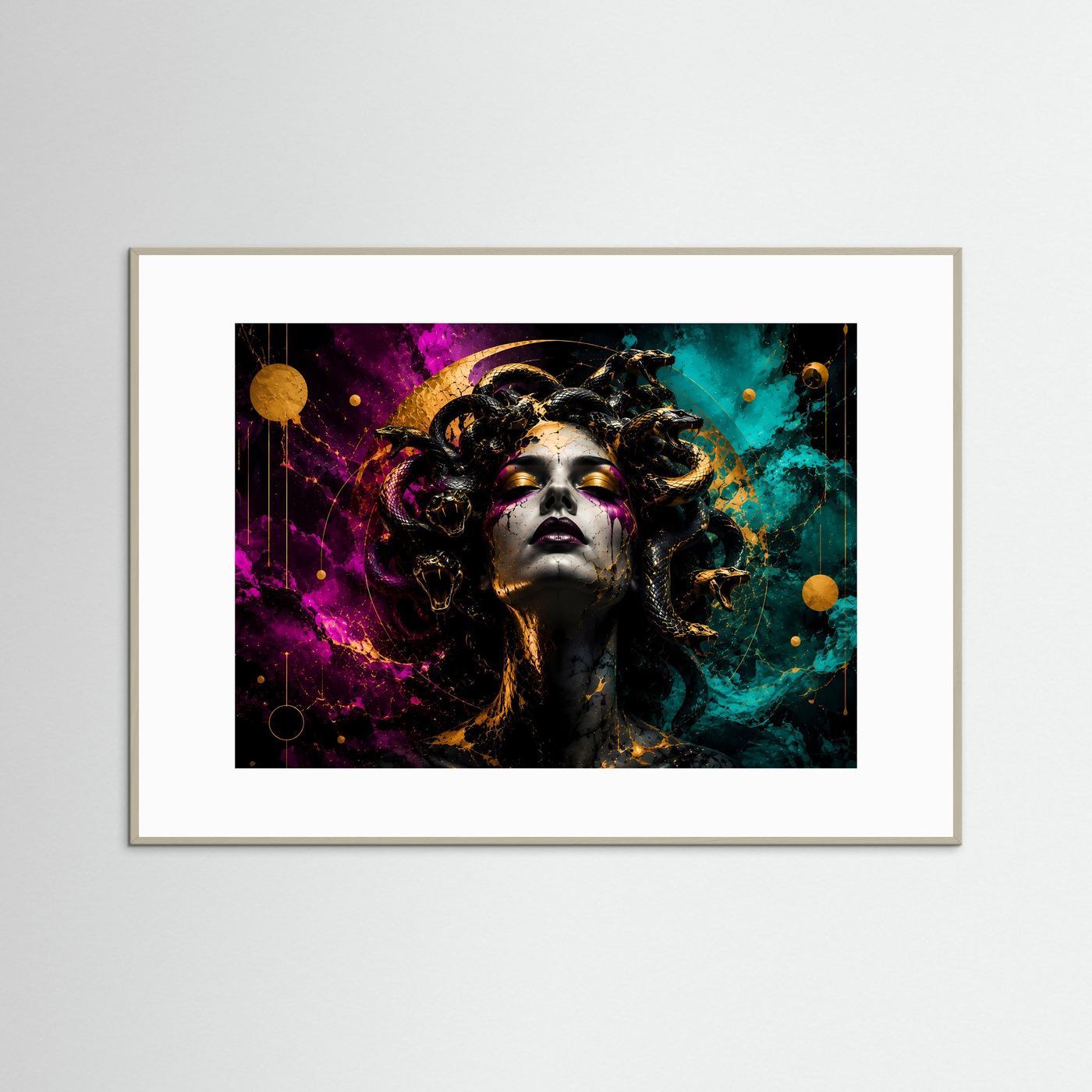 Medusa in Magenta & Türkis | Mystische Schlangenkunst mit Gold