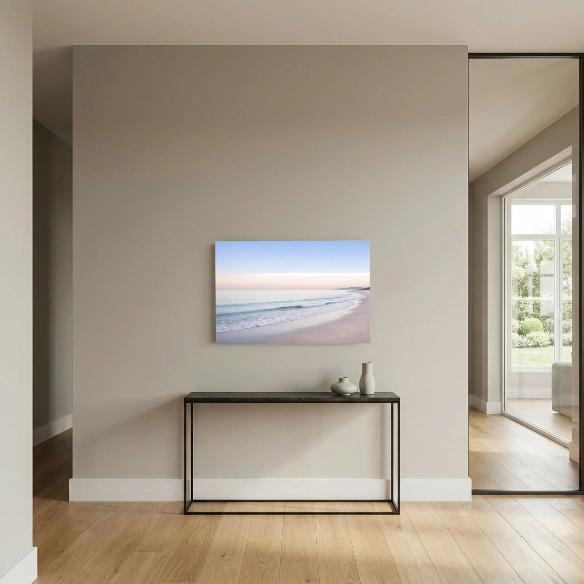 Meerstrand-Wandposter querformatig: zarter Sonnenaufgangshimmel, Wasser- und Strandwellen