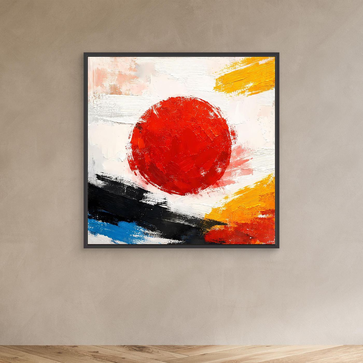 Abstraktes Leinwandbild mit schwarzem Rahmen: rote Sonne, weißer Pinselstrich, gelbe, blaue, schwarze Flächen.