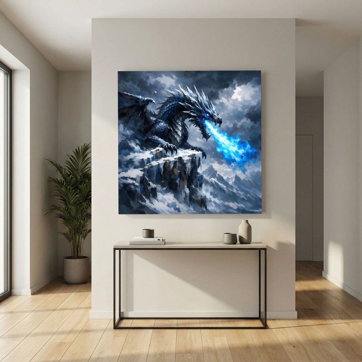 Leinwand-Wandbild mit Eisdrache auf Bergklippe, blau leuchtender Strahl im Gewitterhimmel
