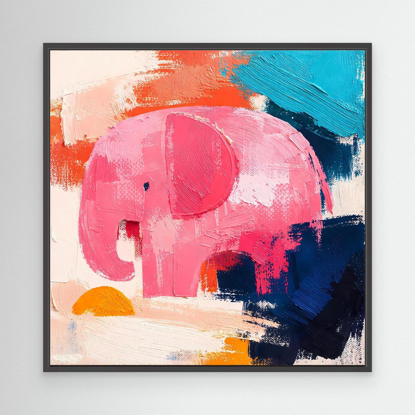 Black-framed abstract elephant wall painting with pink elephant and blue-orange highlights