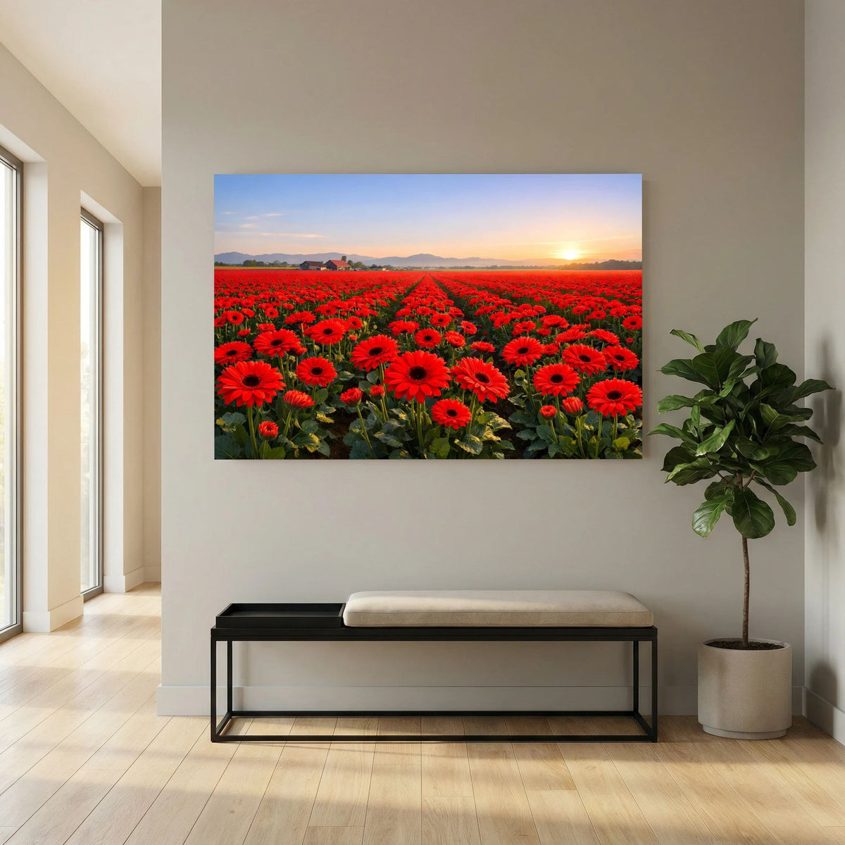 Wandposter mit rotem Blumenfeld und Sonnenaufgang, Querformat an der Wand