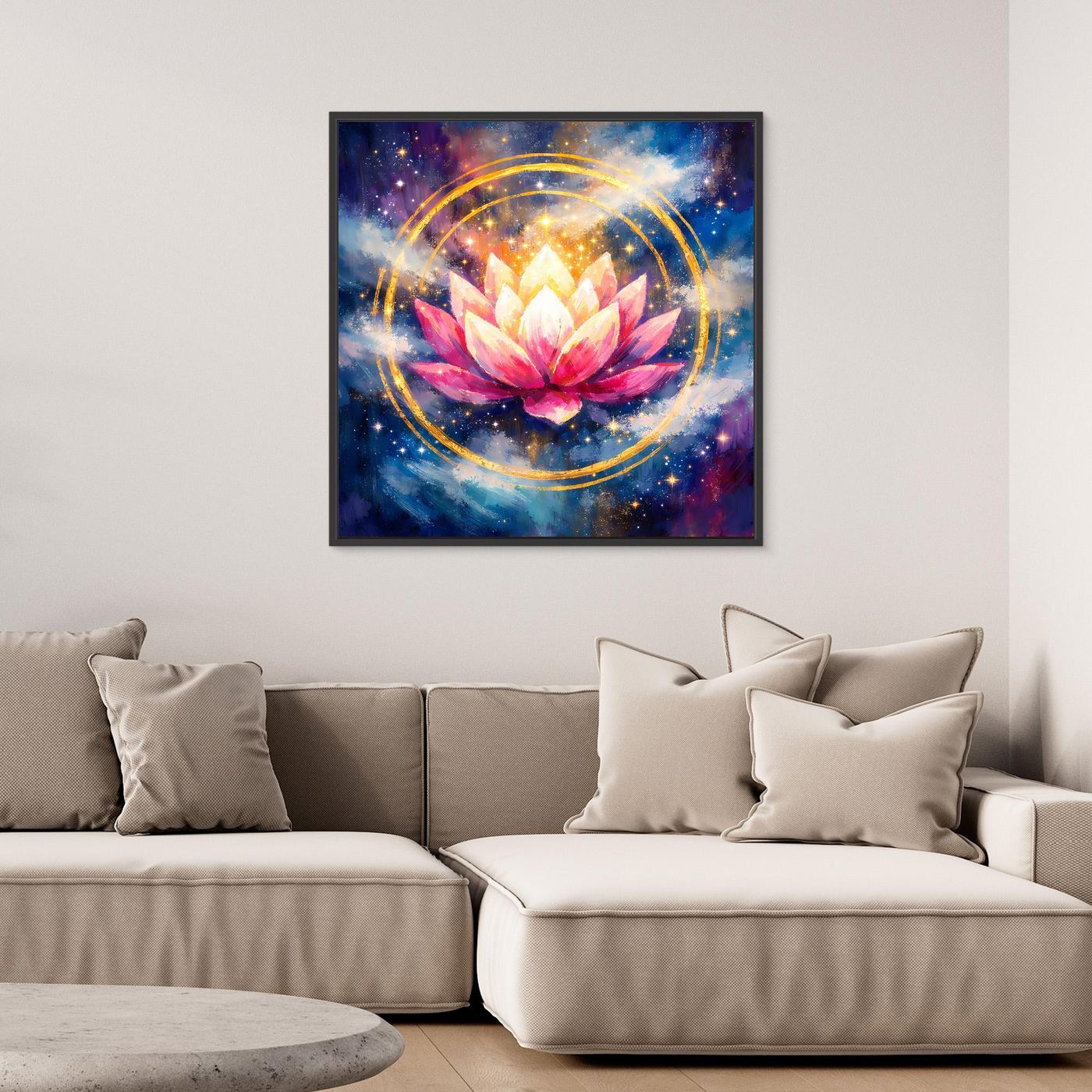 Leinwand-Wandbild mit Lotusblüte im Kosmos und goldener Kreislinie, mit schwarzem Rahmen