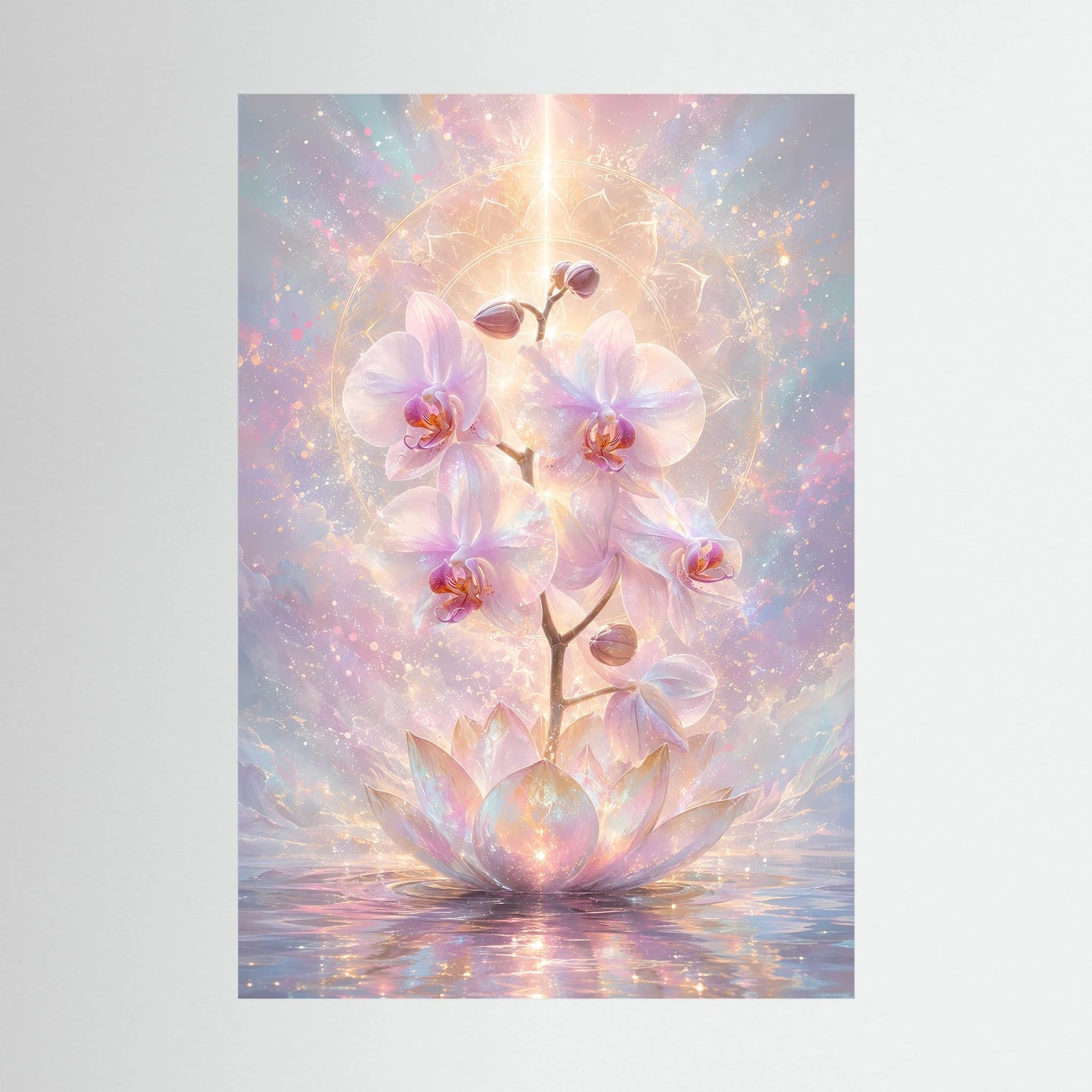 Hochformatiges Poster mit pastellfarbenen Orchideen- und Lotusblüten und goldenen Akzenten